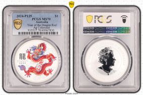 2024-P125 $1 Year of the Dragon Red Ag Colorized MS70