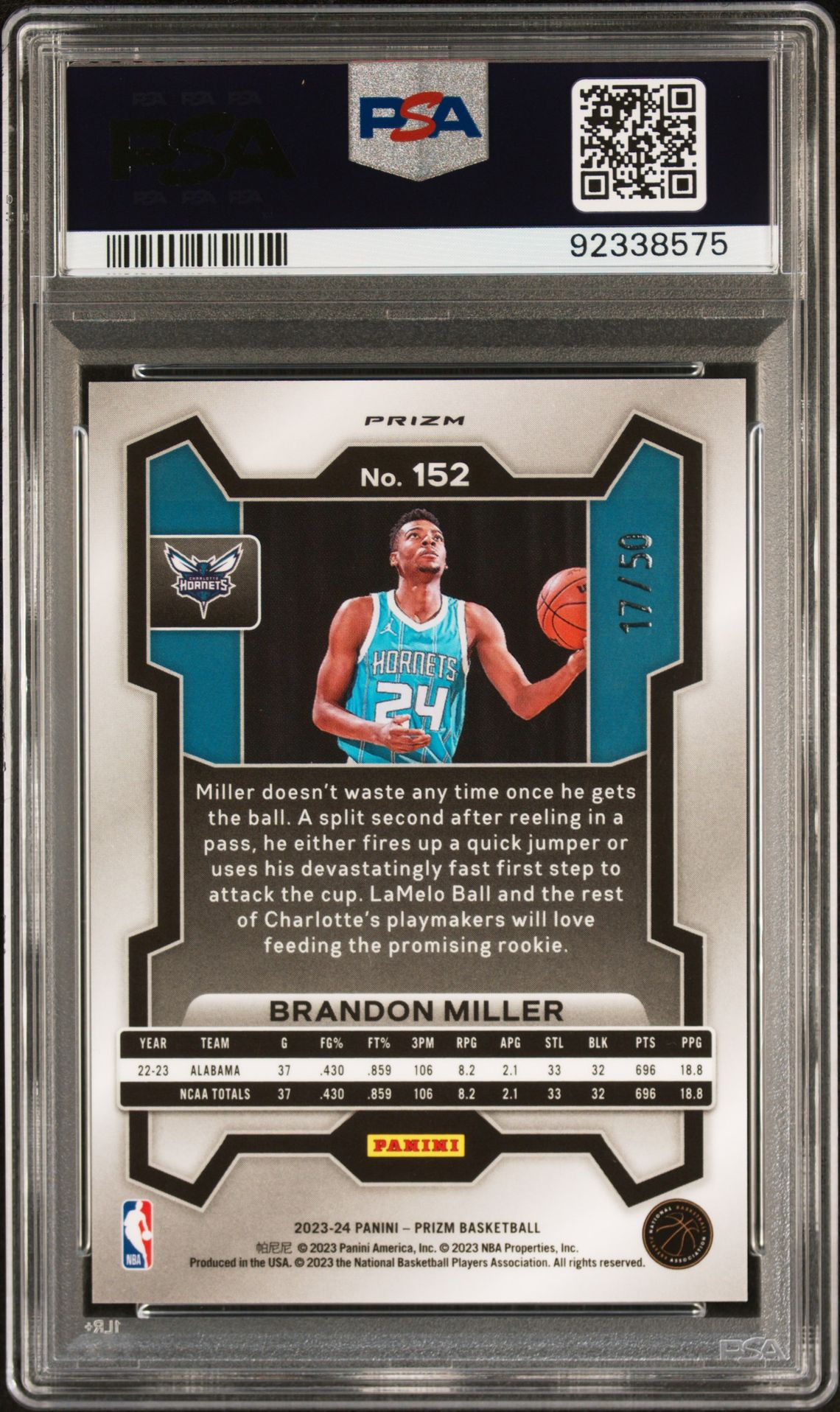 2023 Panini Prizm Brandon Miller #152 (Pink Fast Break) Gem Mt 10 back view - PSA certificate #92338575