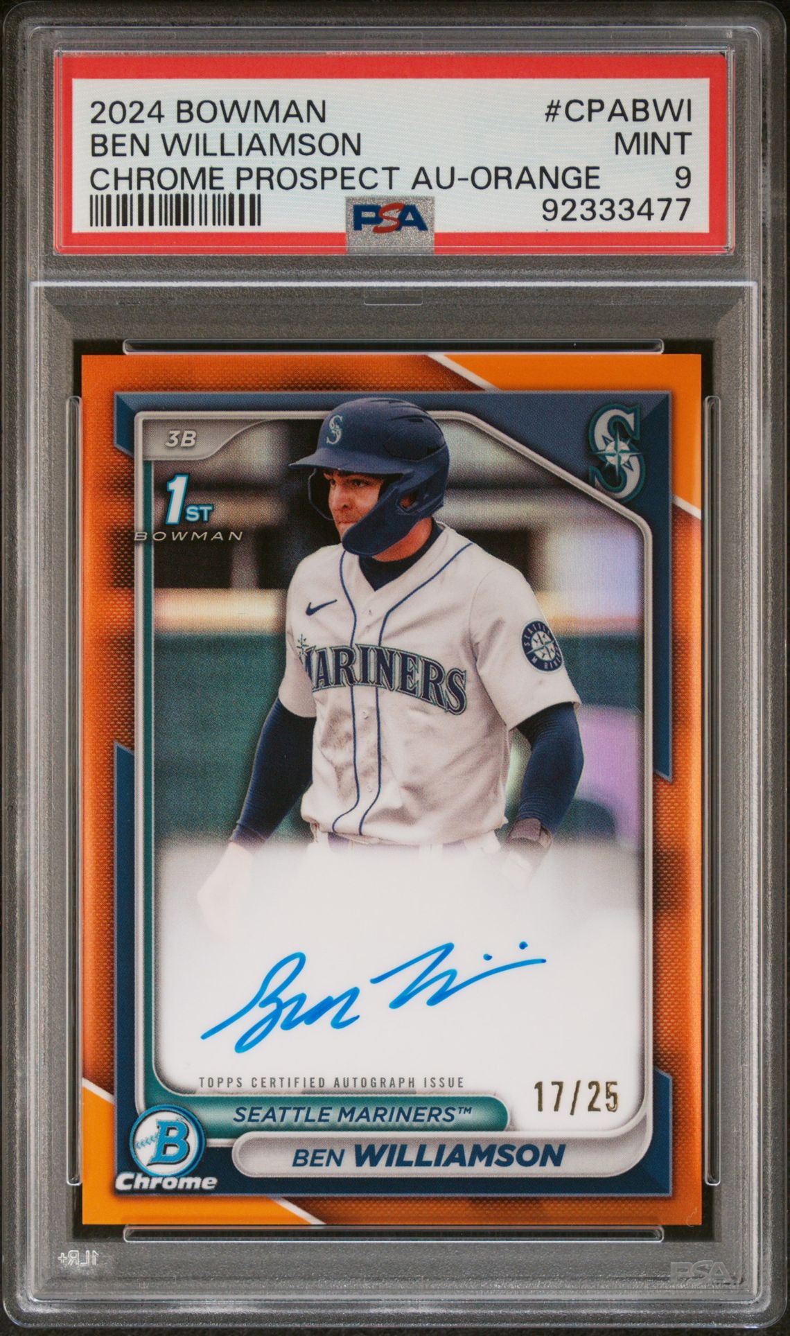 2024 Bowman Chrome Prospect Autographs Ben Williamson #Cpabwi (Chr Prospect Au-Orange Ref) Mint 9 front