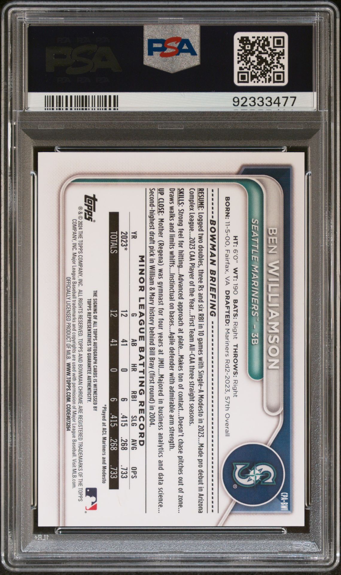 2024 Bowman Chrome Prospect Autographs Ben Williamson #Cpabwi (Chr Prospect Au-Orange Ref) Mint 9 back