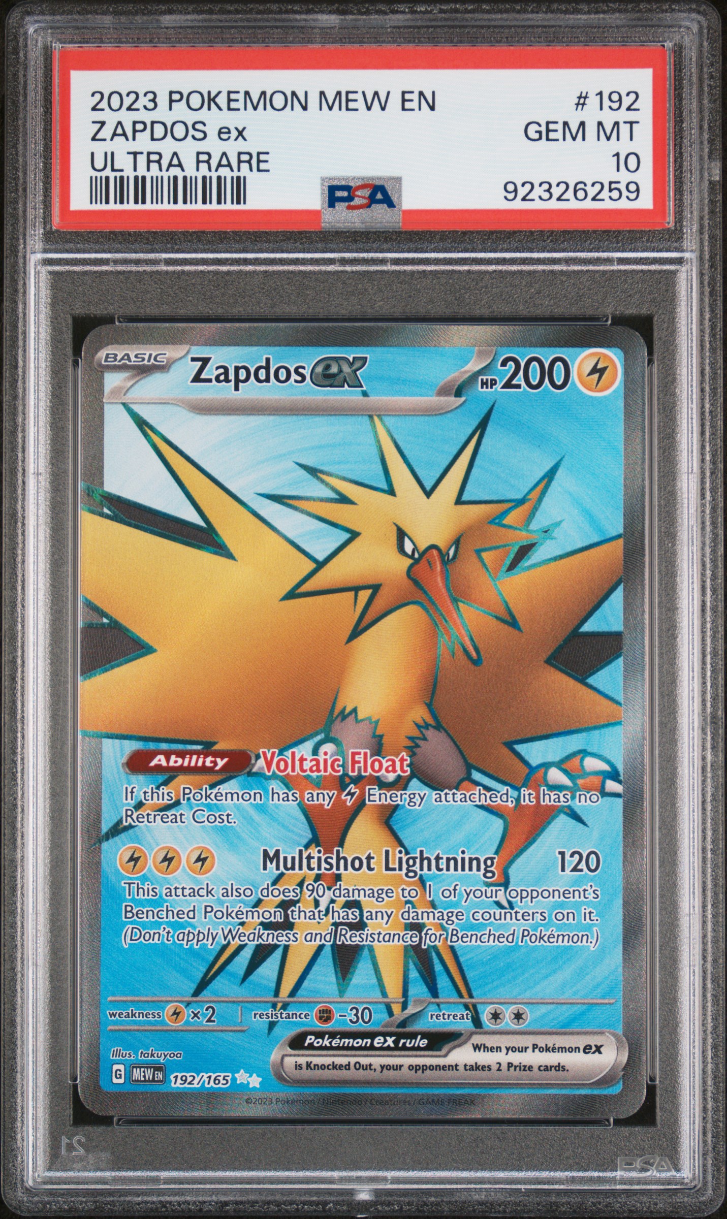 2023 Pokemon Mew En-151 Zapdos Ex #192 (Ultra Rare) Gem Mt 10 front
