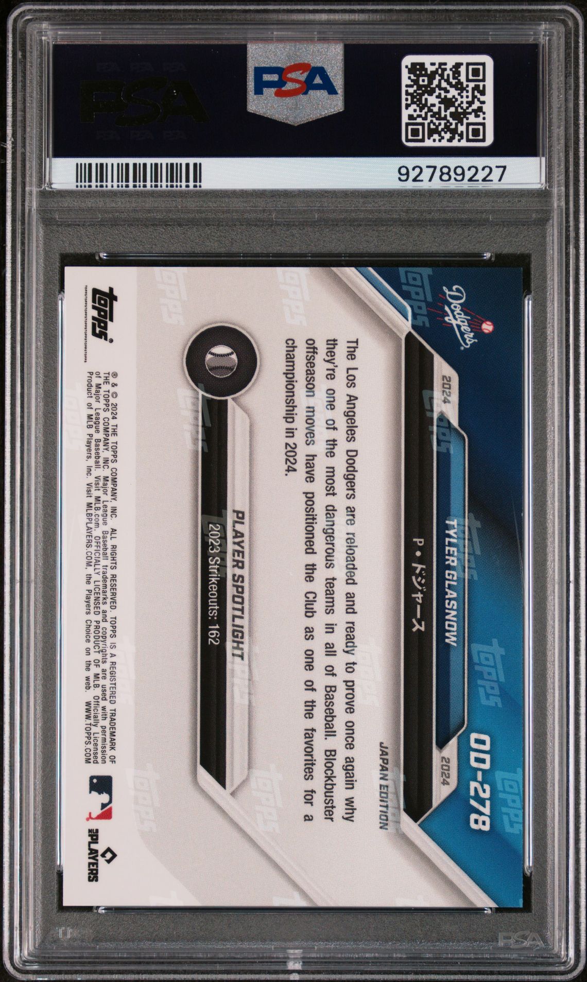 2024 Topps Now Los Angeles Dodgers Road To Opening Day Japan Edition Tyler Glasnow #Od278 Gem Mt 10 back