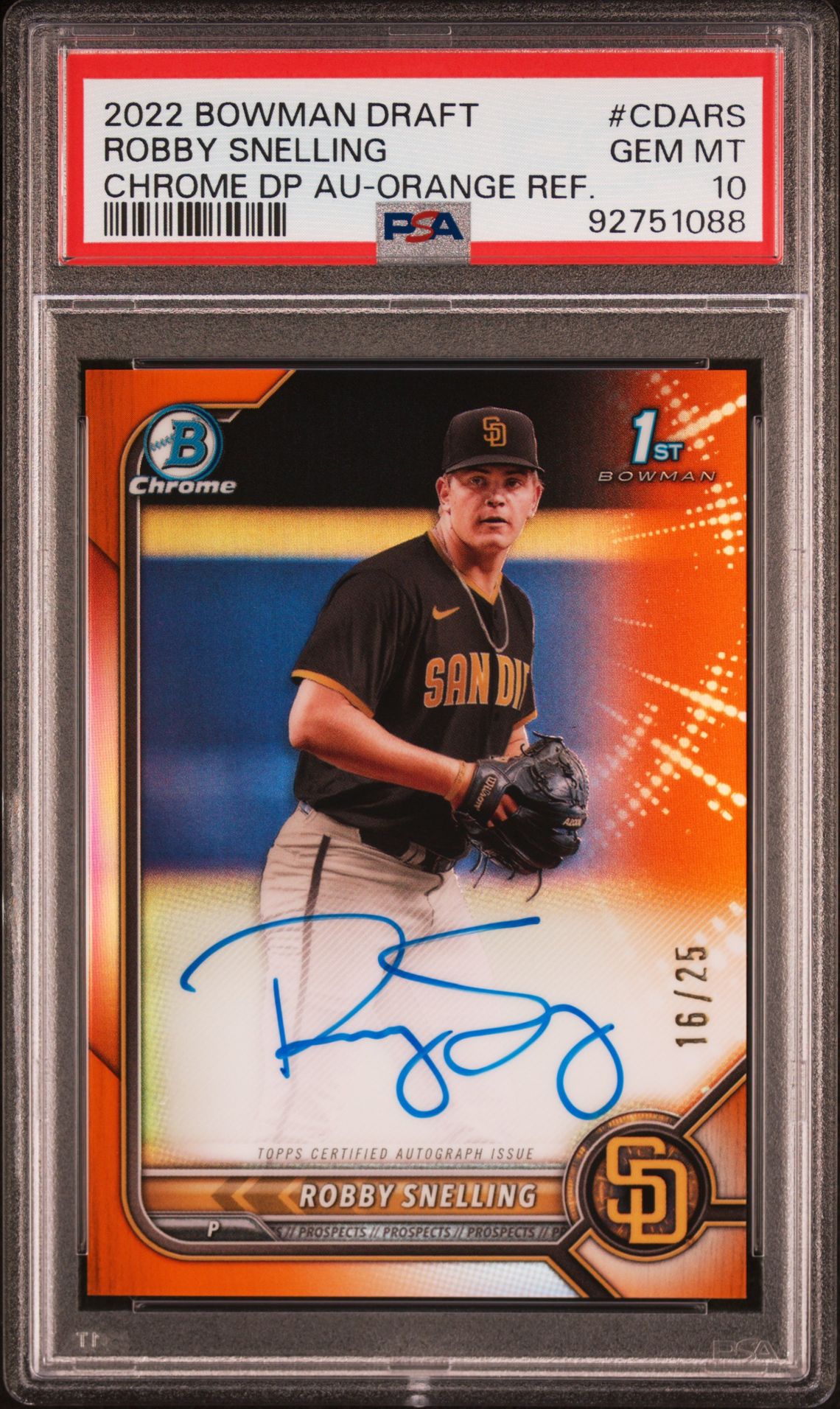 2022 Bowman BOWMAN DRAFT CHROME DRAFT PICK AUTOGRAPHS CHROME DP AU-ORANGE REF. #CDARS Robby Snelling front
