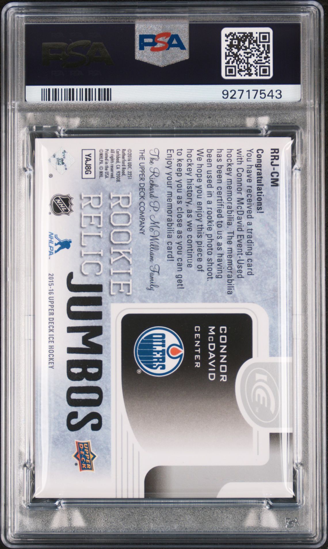 2015 Upper Deck Ice Rookie Relic Jumbo Connor Mcdavid #Rrjcm (Rookie Relic Jumbo) Gem Mt 10 back