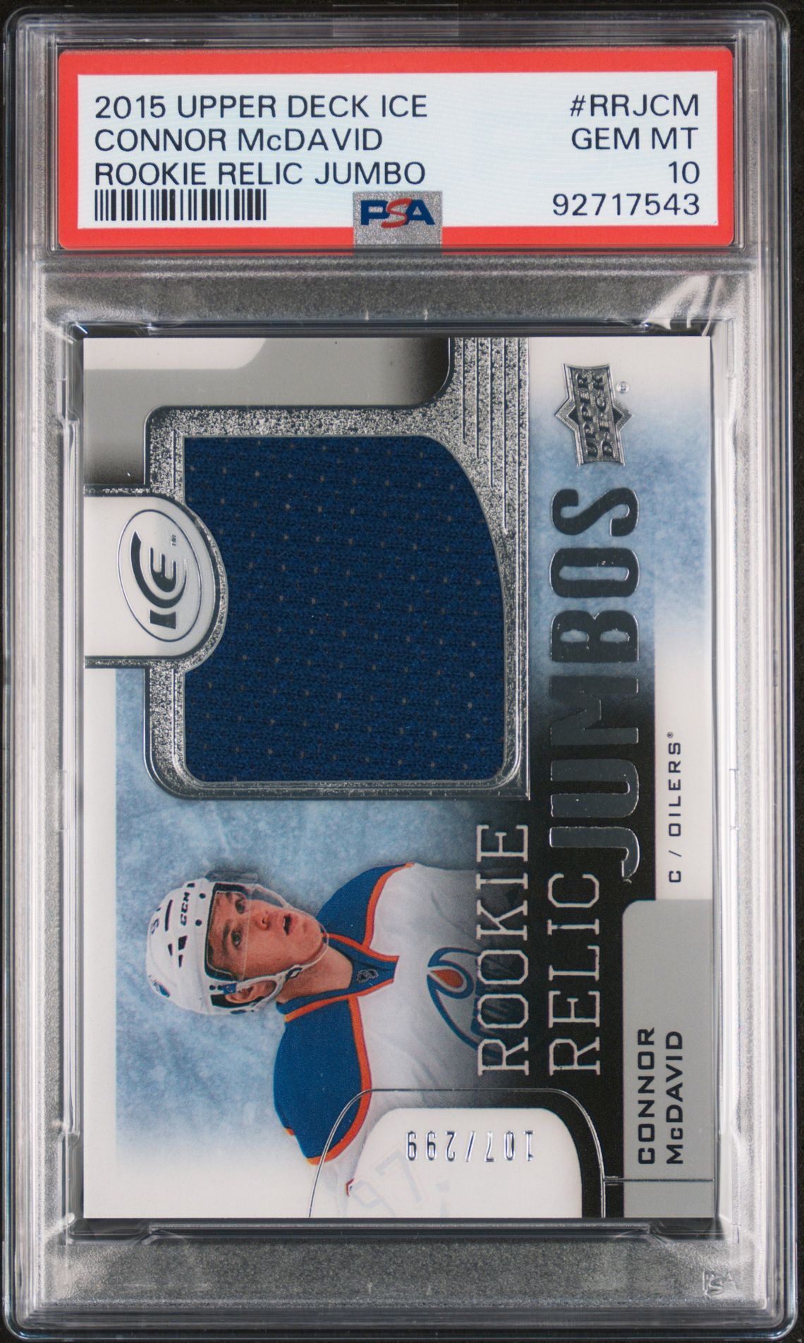 2015 Upper Deck Ice Rookie Relic Jumbo Connor Mcdavid #Rrjcm (Rookie Relic Jumbo) Gem Mt 10 front