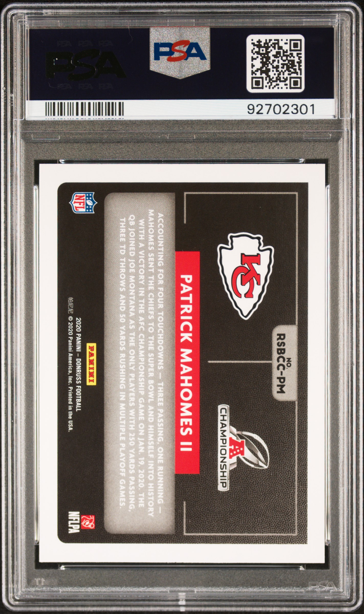 2020 Panini Donruss Road To The Super Bowl Patrick Mahomes Ii #Rsbccpm (Road To The Super Bowl) Gem Mt 10 back