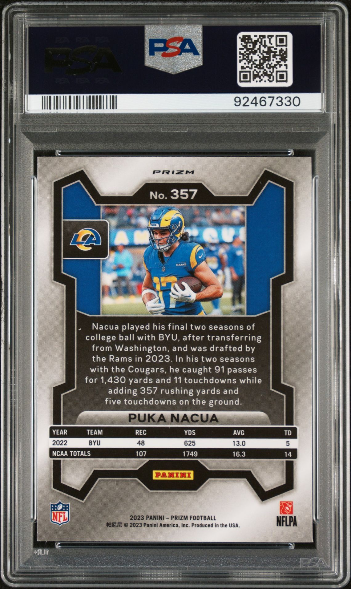 2023 Panini Prizm Puka Nacua #357 (Lazer Prizm) Gem Mt 10 back