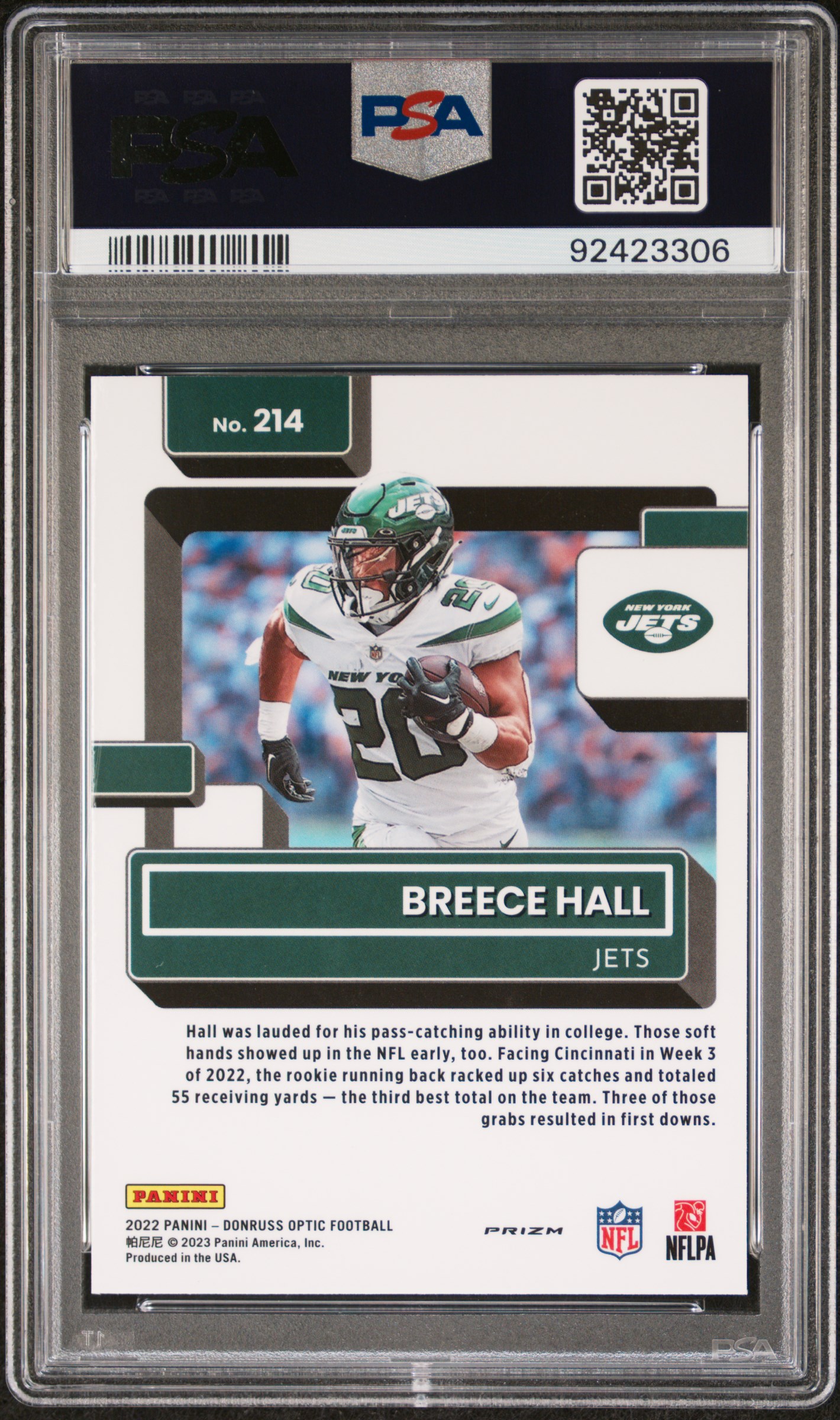 2022 Panini Donruss Optic Breece Hall #214 (Purple Shock) Mint 9 back