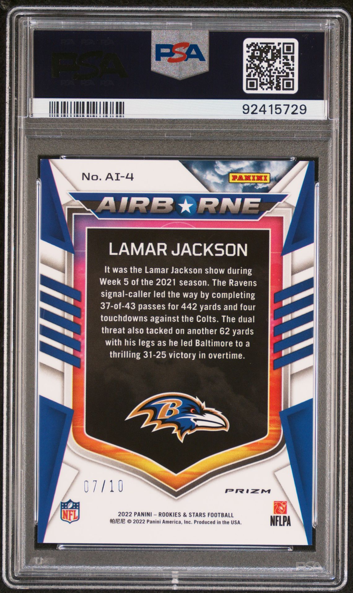 2022 Panini Rookies & Stars Airborne Lamar Jackson #Ai4 (Airborne-Gold) Gem Mt 10 back