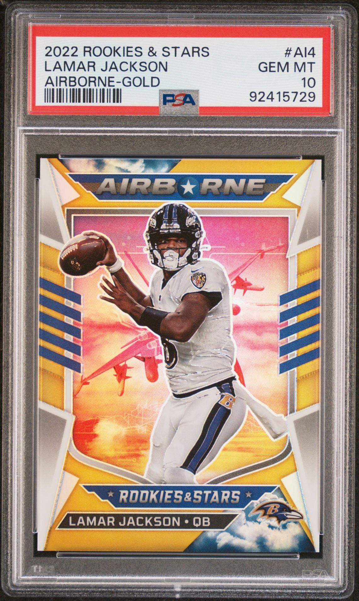 2022 Panini Rookies & Stars Airborne Lamar Jackson #Ai4 (Airborne-Gold) Gem Mt 10 front