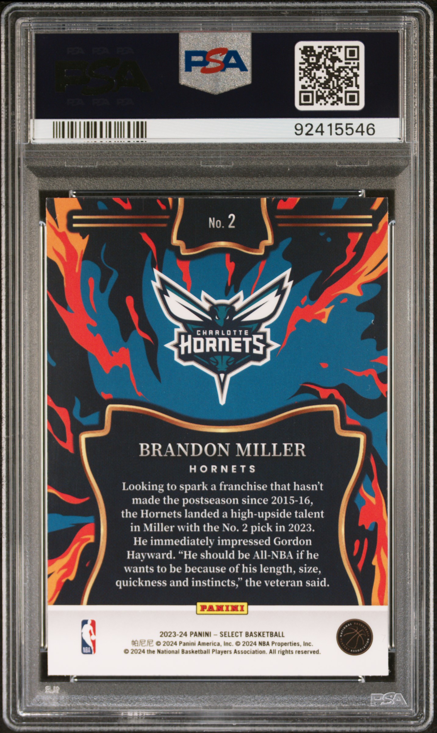 2023 Panini Select En Fuego Brandon Miller #2 Gem Mt 10 back