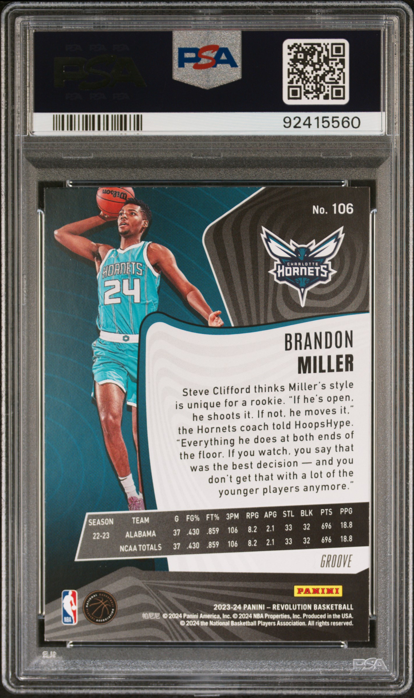 2023 Panini Revolution Brandon Miller #106 (Groove) Gem Mt 10 back