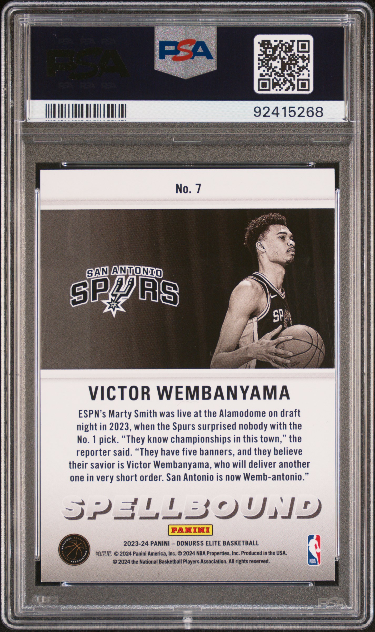 2023 Panini Donruss Elite Spellbound Victor Wembanyama #7 Gem Mt 10 back