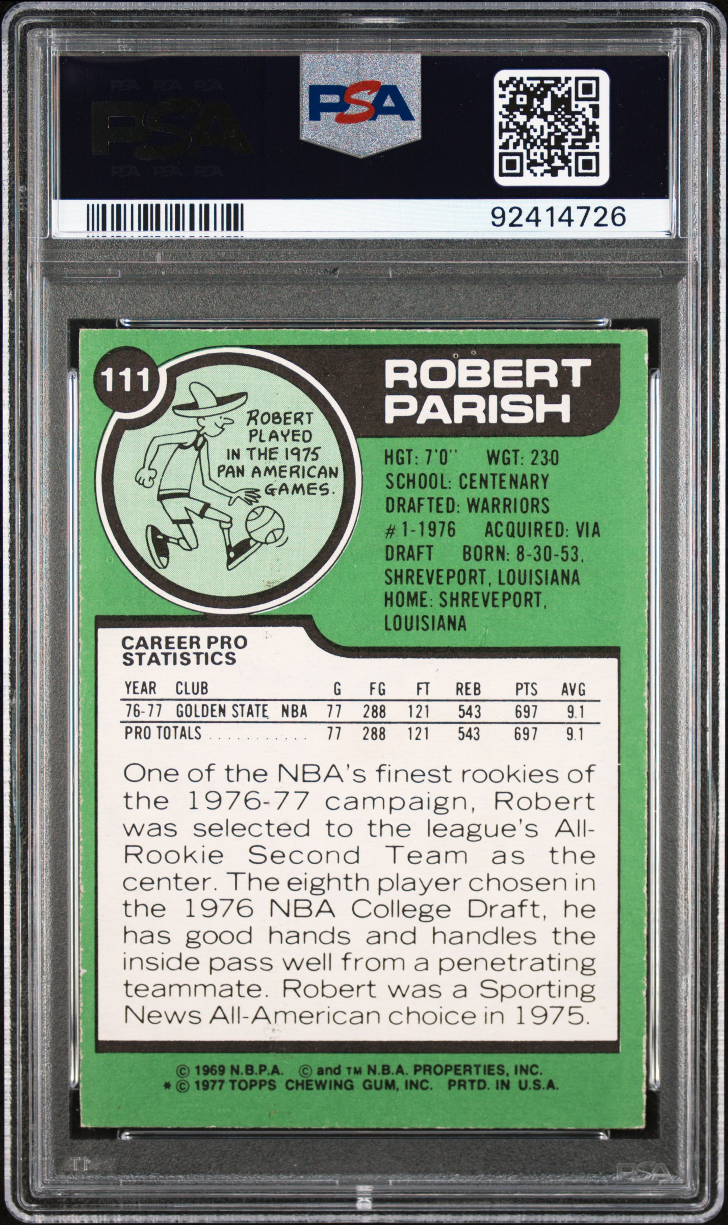 1977 Topps Robert Parish #111 Nm 7 back
