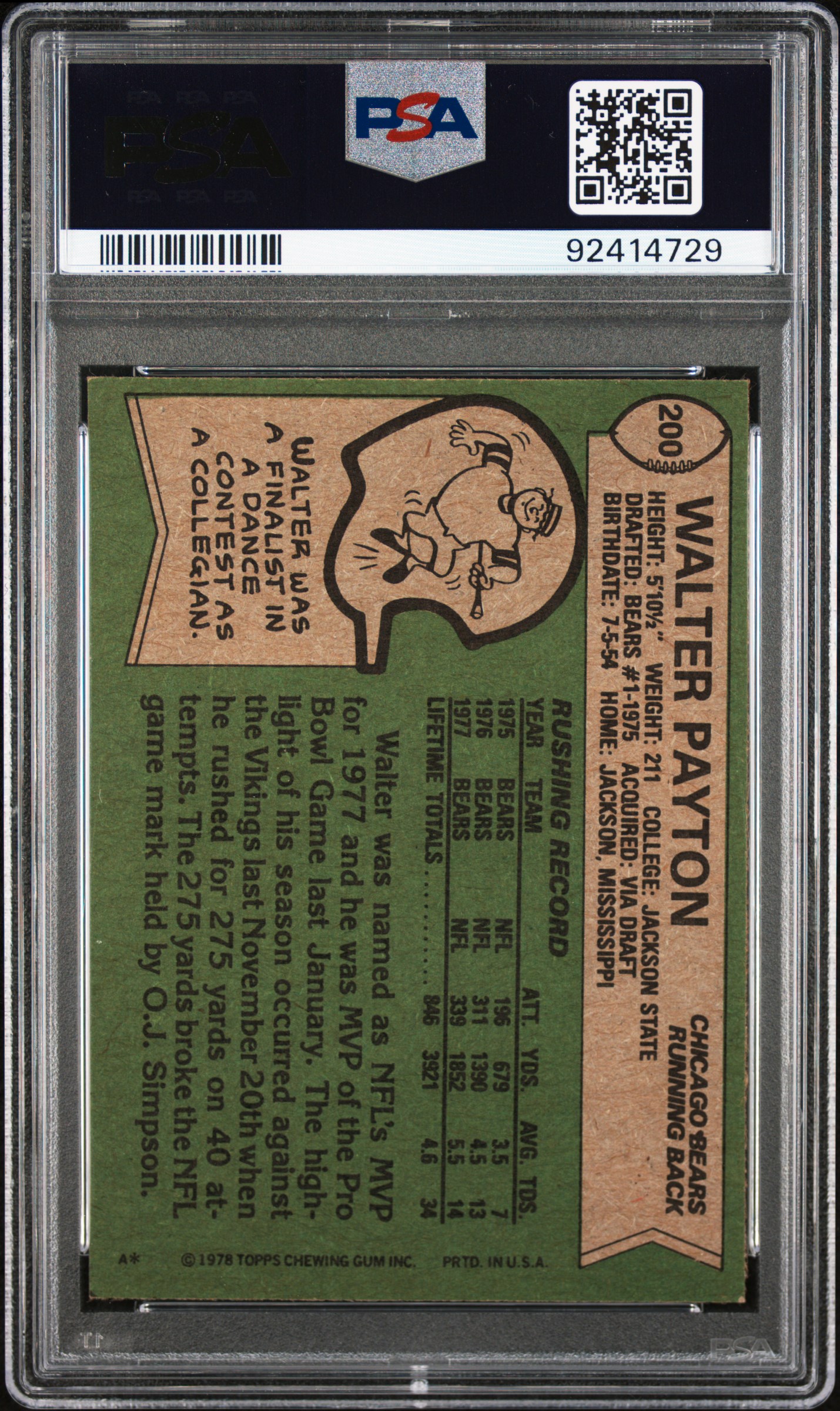 1978 Topps Walter Payton #200 (All-Pro) Ex-Mt 6 back