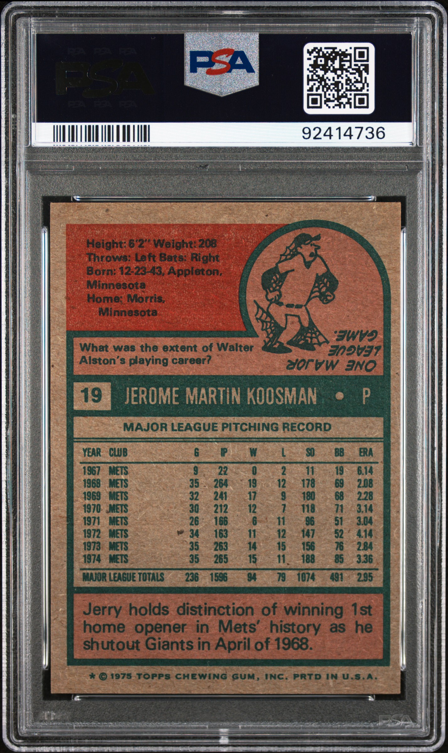 1975 Topps Jerry Koosman #19 Ex-Mt+ 6.5 back