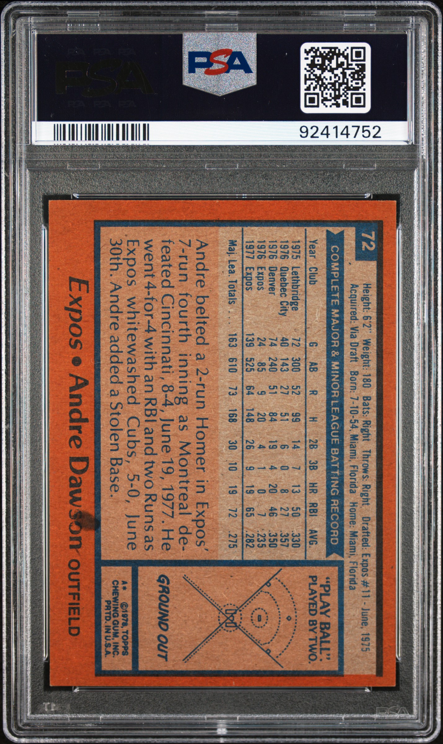 1978 Topps Andre Dawson #72 Ex 5 back