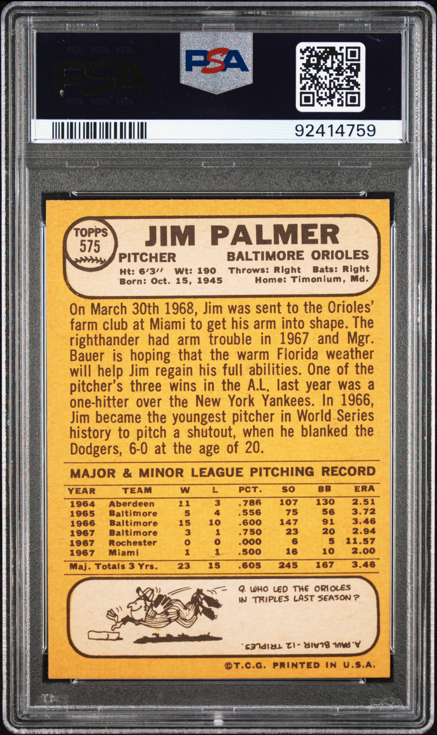1968 Topps Jim Palmer #575 Nm 7 back