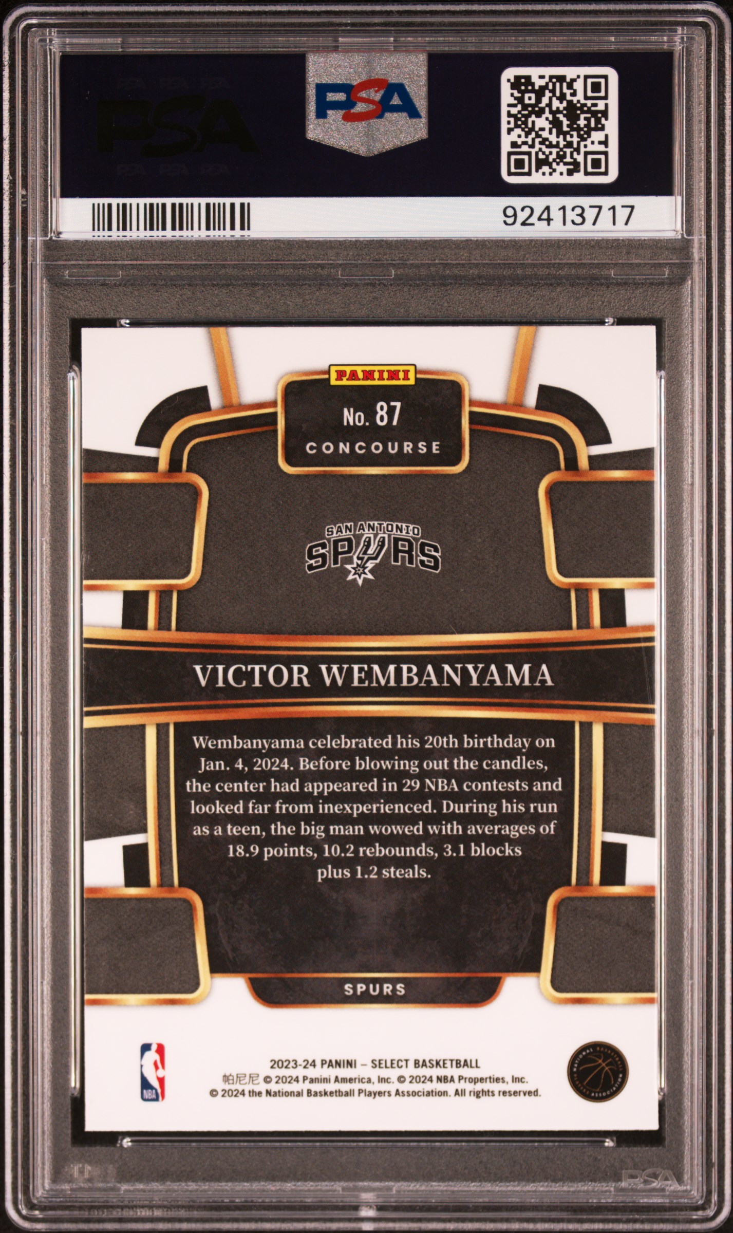 2023 Panini Select Victor Wembanyama #87 (Blue) Gem Mt 10 back