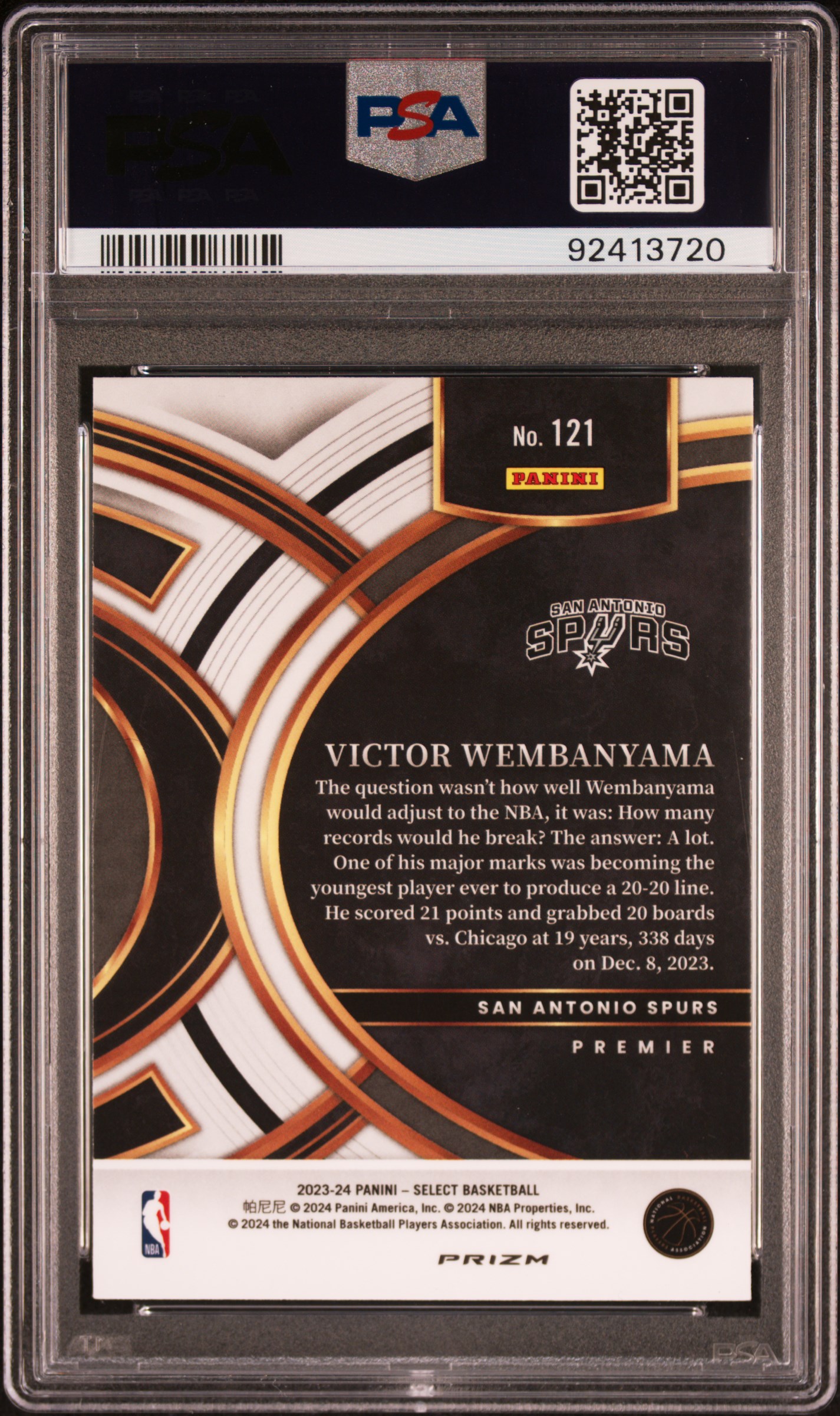 2023 Panini Select Victor Wembanyama #121 (Silver Prizm) Mint 9 back