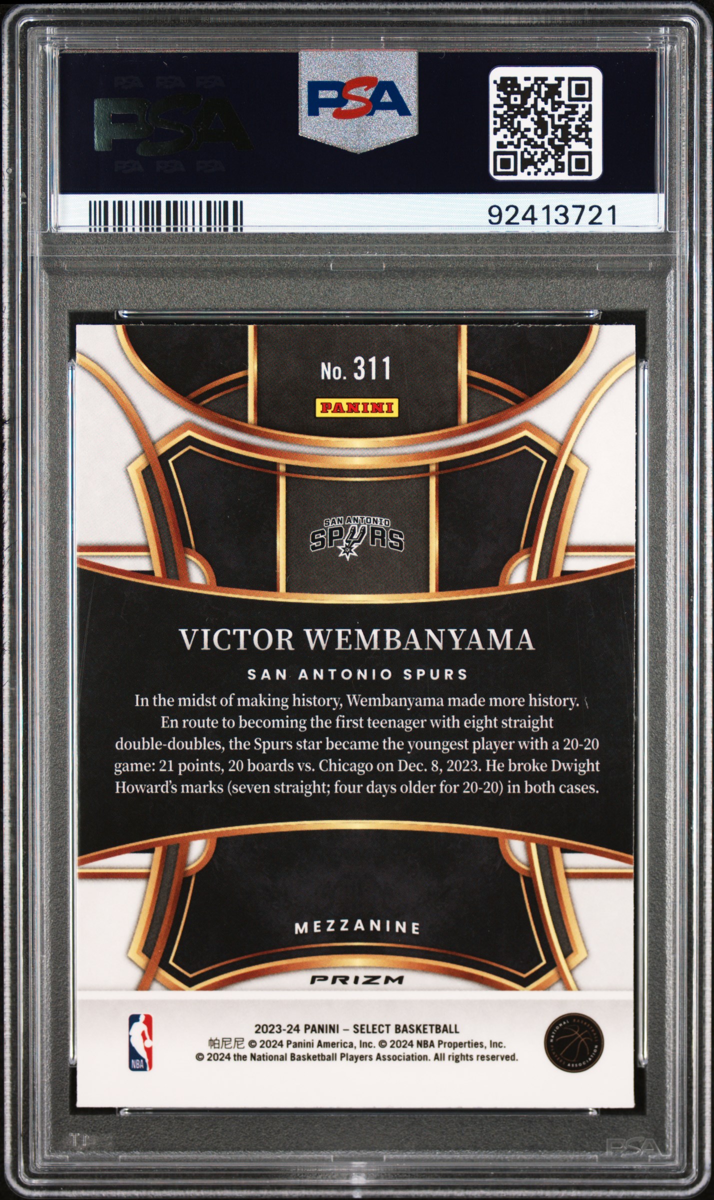 2023 Panini Select Victor Wembanyama #311 (Blue Prizm) Mint 9 back