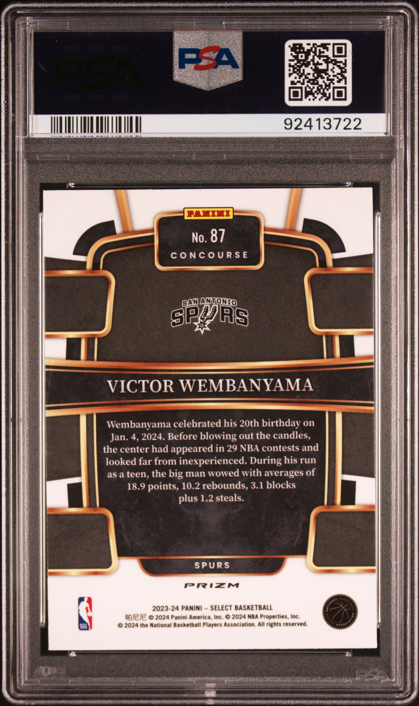 2023 Panini Select Victor Wembanyama #87 (Blue Cracked Ice) Gem Mt 10 back