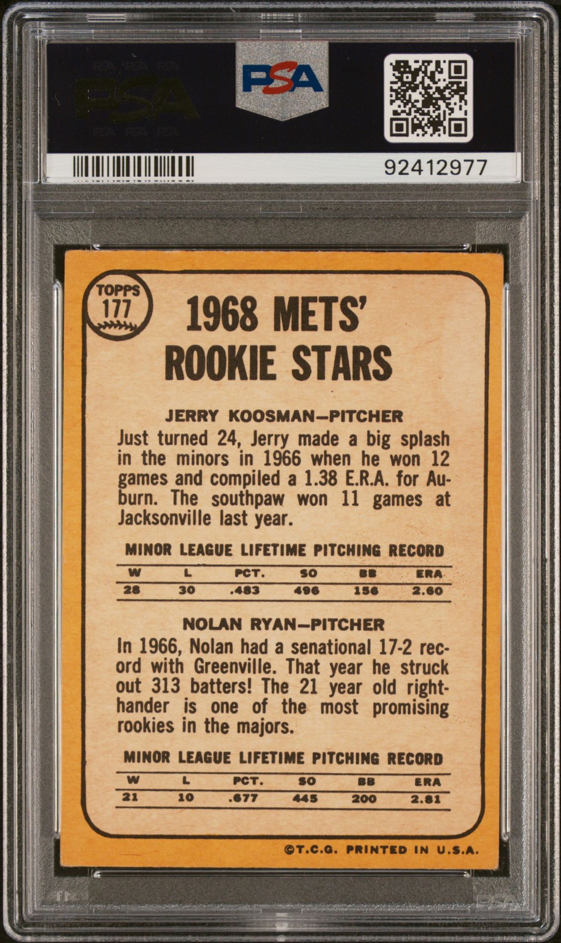 1968 Topps Mets Rookies #177 (J.koosman/N.ryan) Vg 3 back