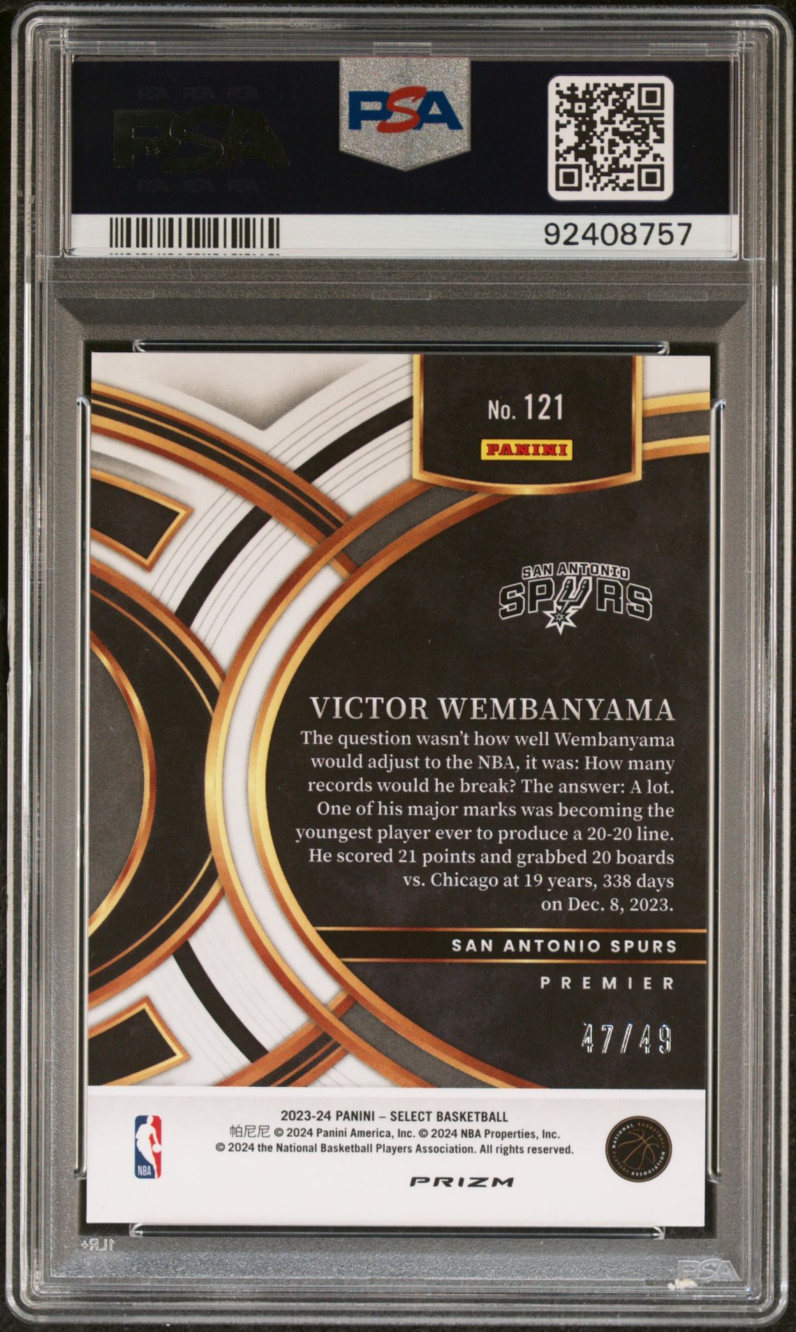 2023 Panini Select Victor Wembanyama #121 (Teal/White/Pink Prizm) Gem Mt 10 back