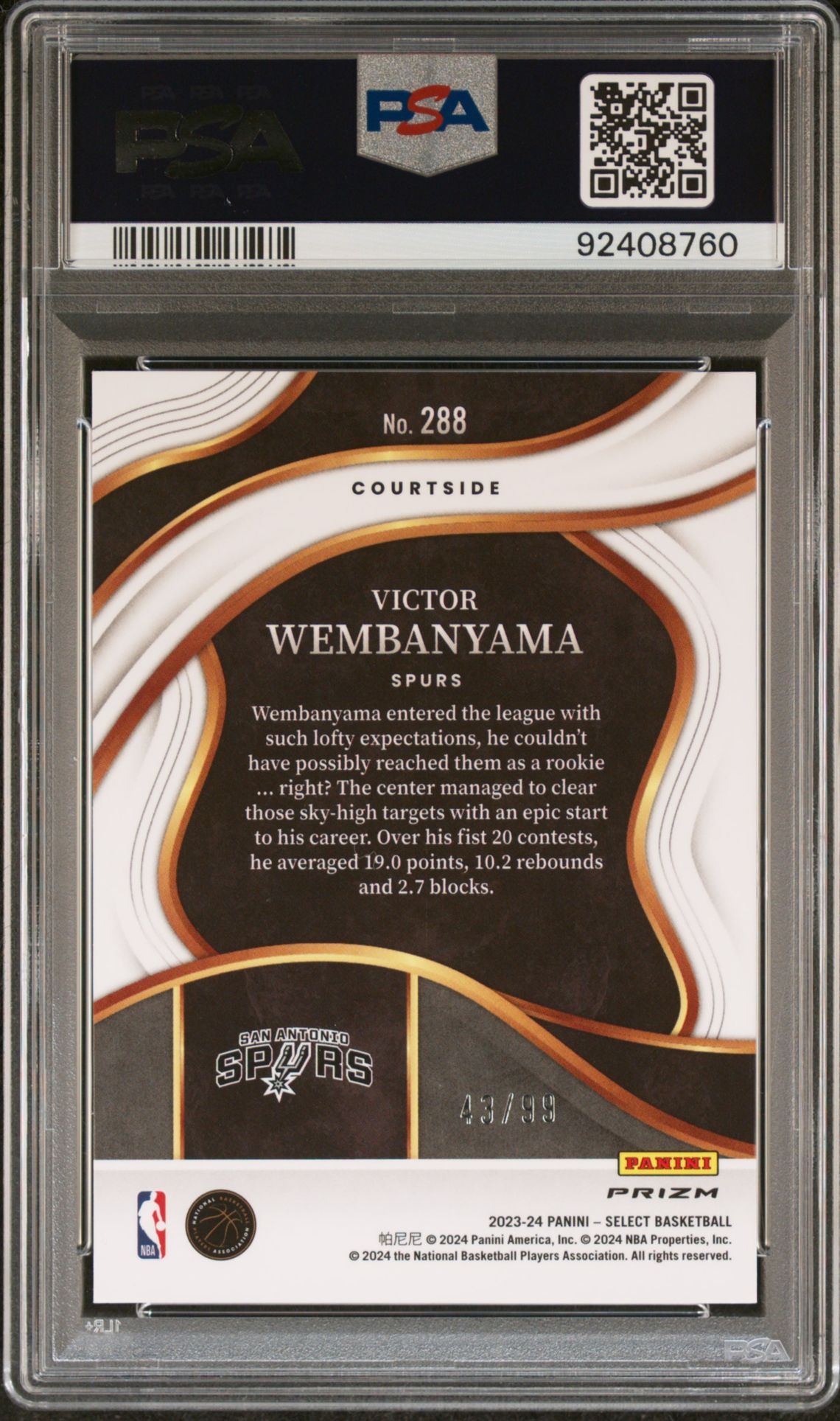 2023 Panini Select Victor Wembanyama #288 (Pink Cracked Ice) Gem Mt 10 back