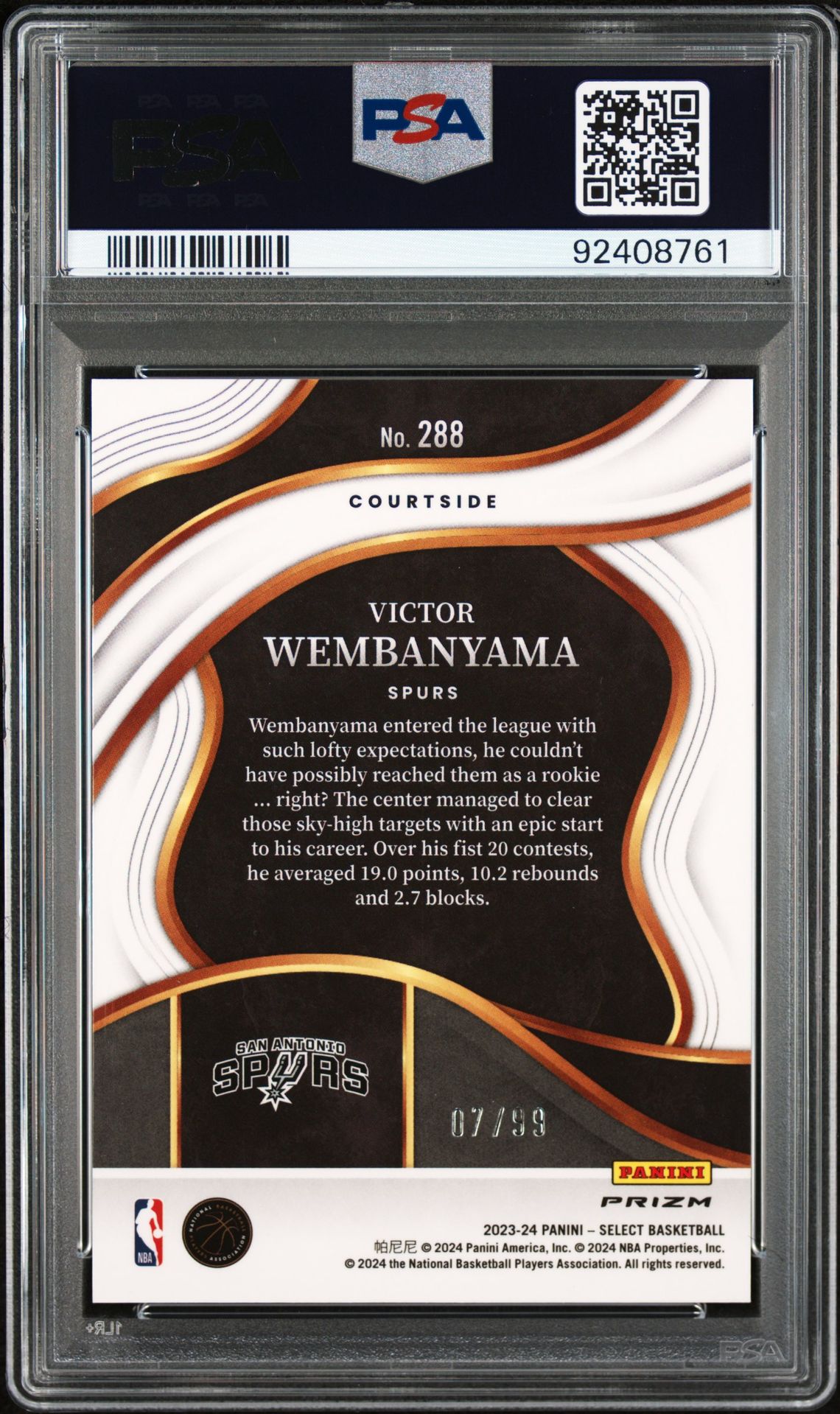 2023 Panini Select Victor Wembanyama #288 (Blue Tectonic) Gem Mt 10 back