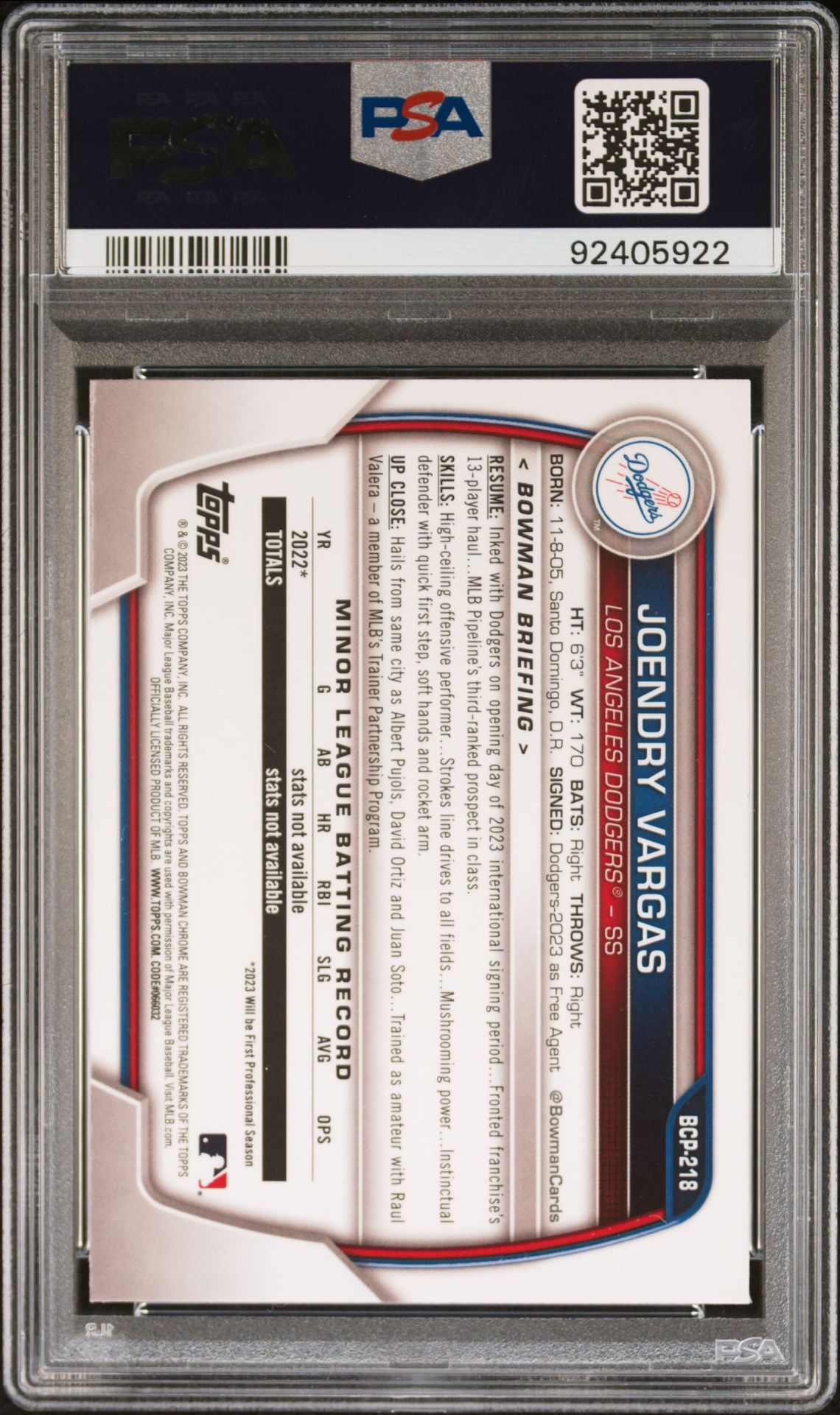 2023 Bowman Mega Box Chrome Joendry Vargas #218 Gem Mt 10 back view - PSA certificate #92405922