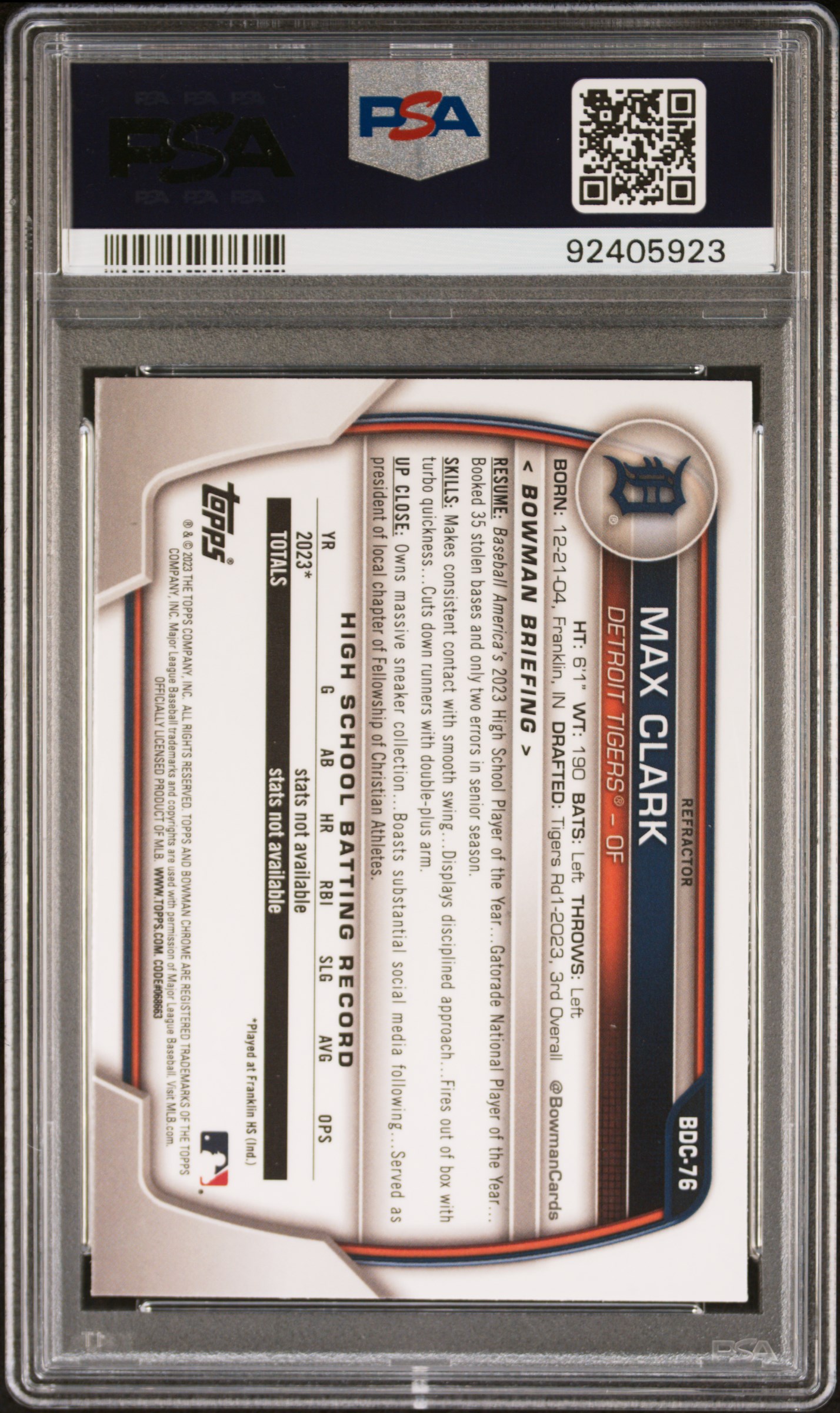 2023 Bowman Draft Max Clark #Bdc76 (Chrome-Refractor) Gem Mt 10 back