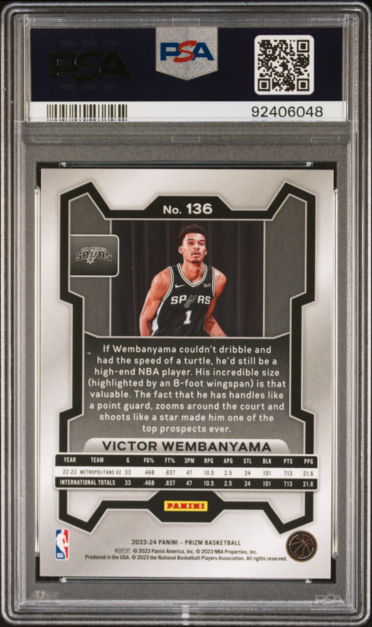 2023 Panini Prizm Victor Wembanyama #136 Gem Mt 10 back