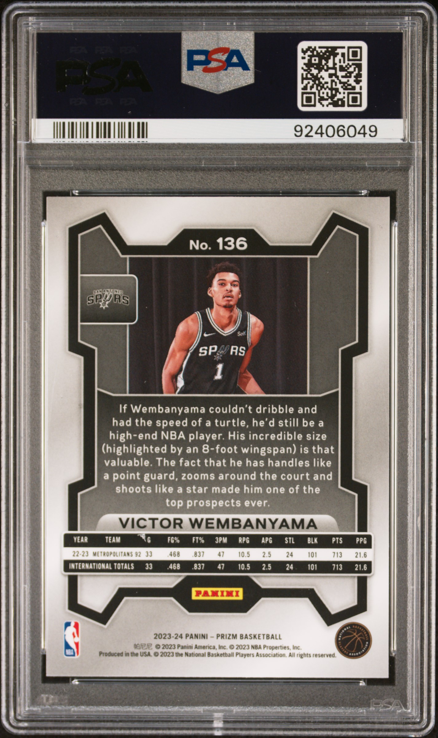 2023 Panini Prizm Victor Wembanyama #136 Gem Mt 10 back