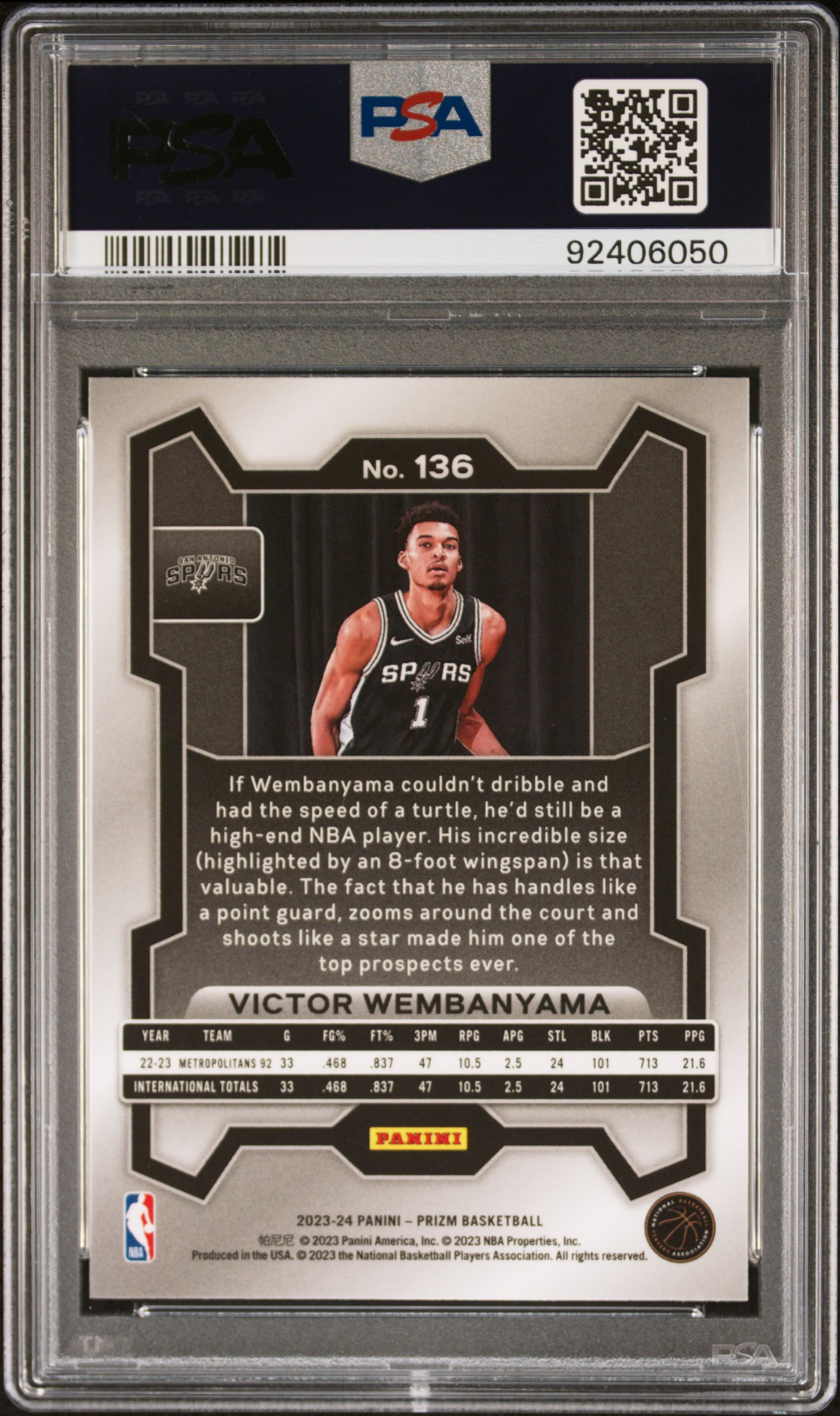 2023 Panini Prizm Victor Wembanyama #136 Gem Mt 10 back