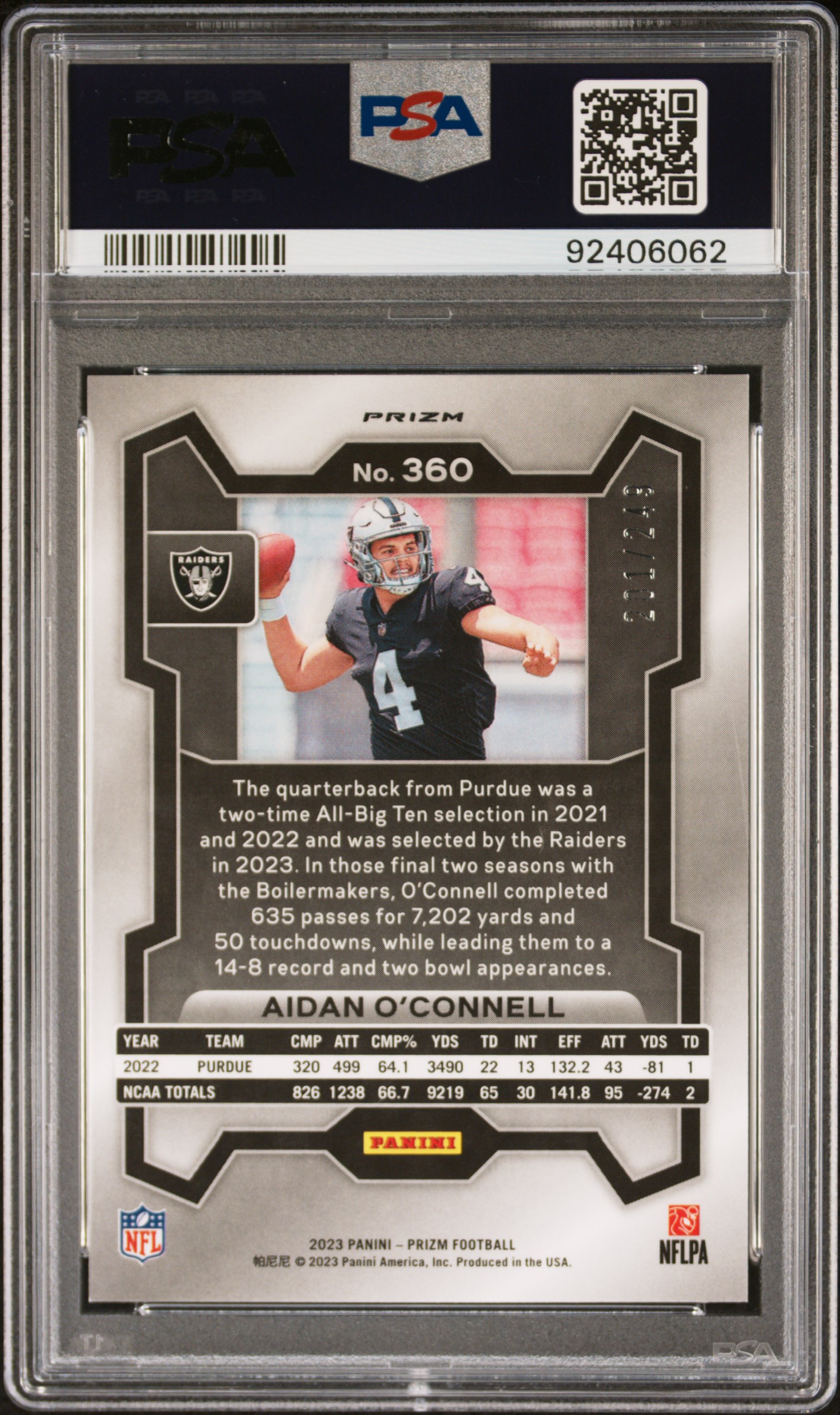 2023 Panini Prizm Aidan O'connell #360 (Orange Prizm) Gem Mt 10 back