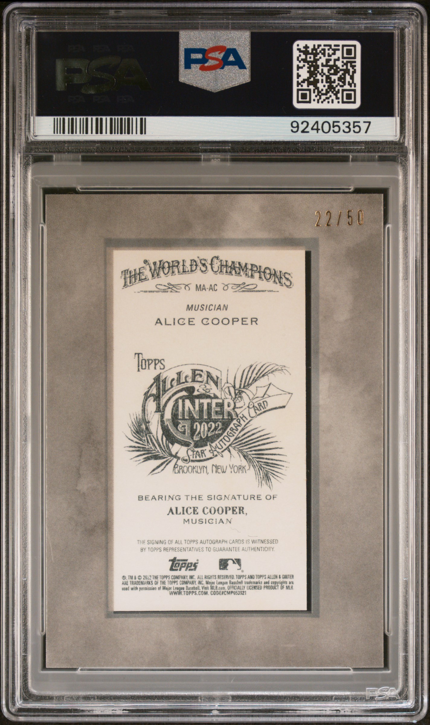 2022 Topps Allen & Ginter X Mini Framed Autographs Alice Cooper #Maac (Mini Framed Autographs) Gem Mt 10 back