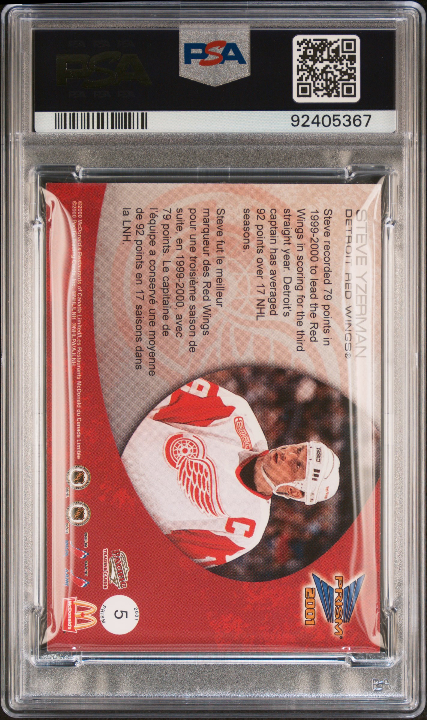 2000 Pacific Mcdonald's Game Jersey Steve Yzerman #5 (Game Jersey) Mint 9 back