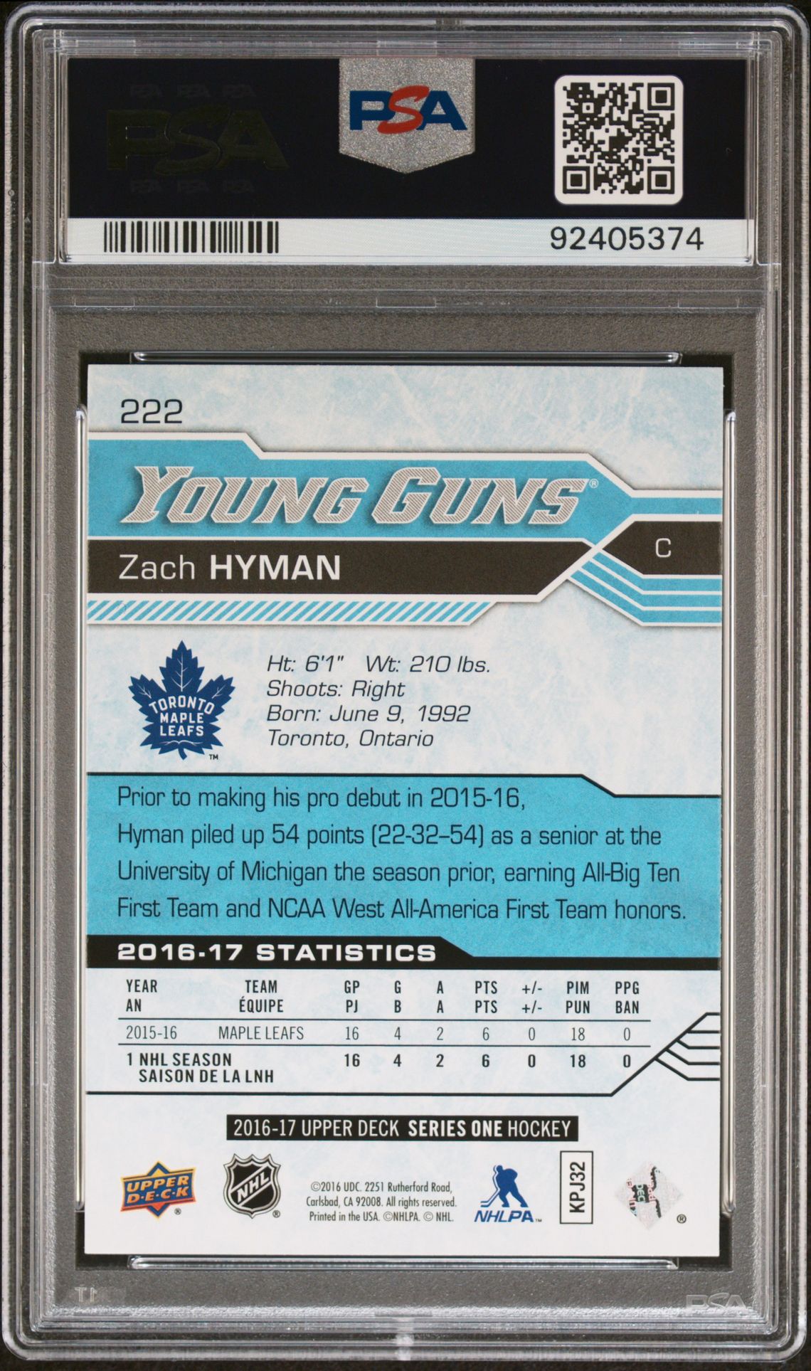 2016 Upper Deck Zach Hyman #222 Gem Mt 10 back