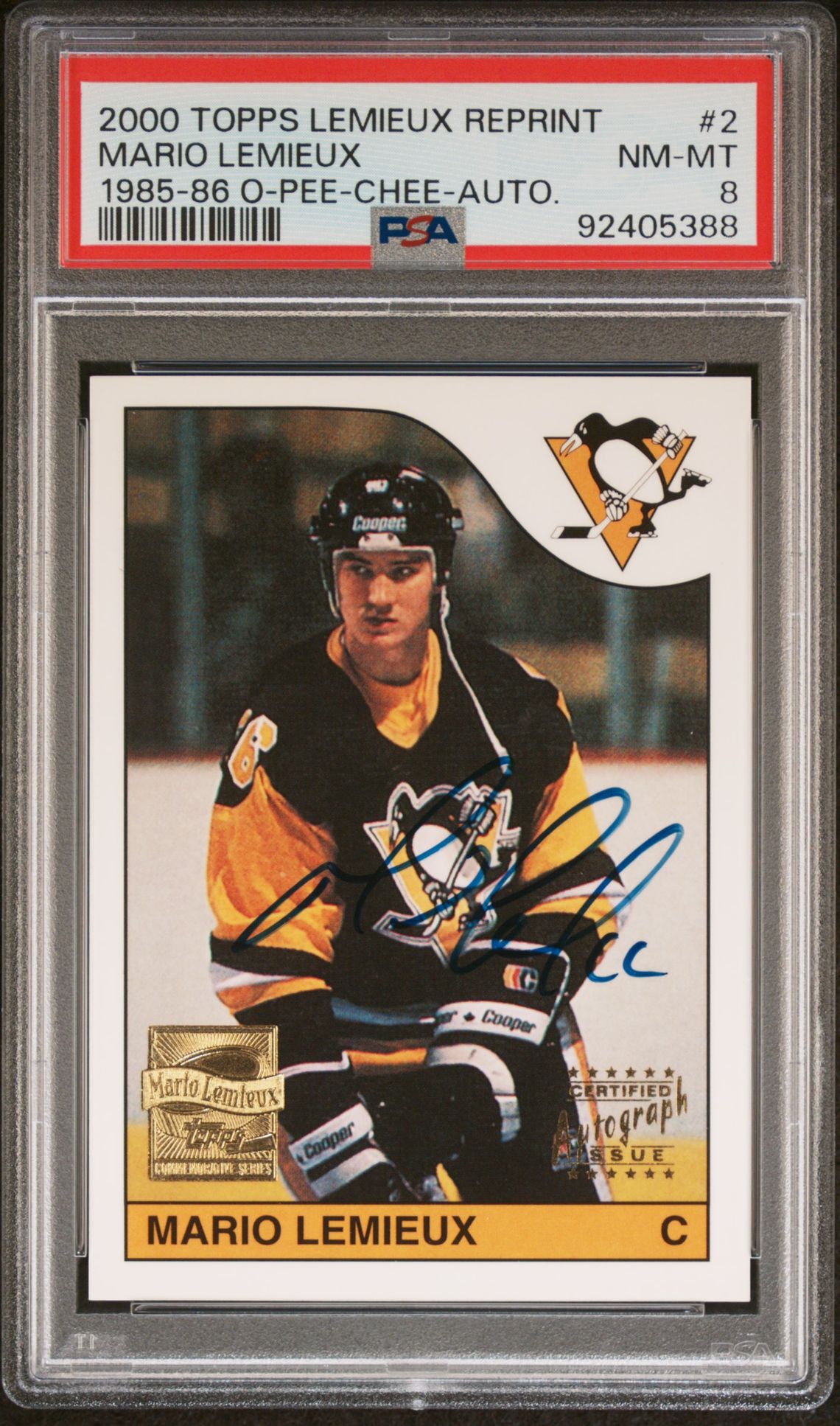 2000 Topps Lemieux Reprint Mario Lemieux #2 (1985-86 O-Pee-Chee-Auto.) Nm-Mt 8 front