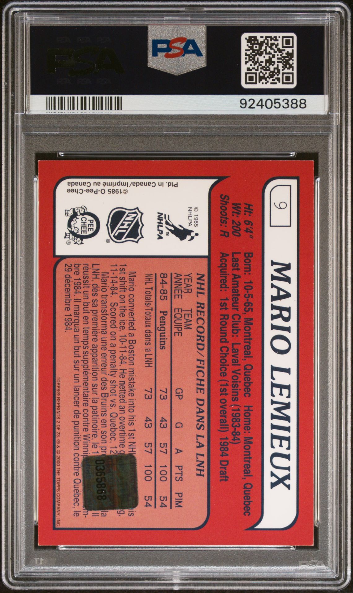 2000 Topps Lemieux Reprint Mario Lemieux #2 (1985-86 O-Pee-Chee-Auto.) Nm-Mt 8 back