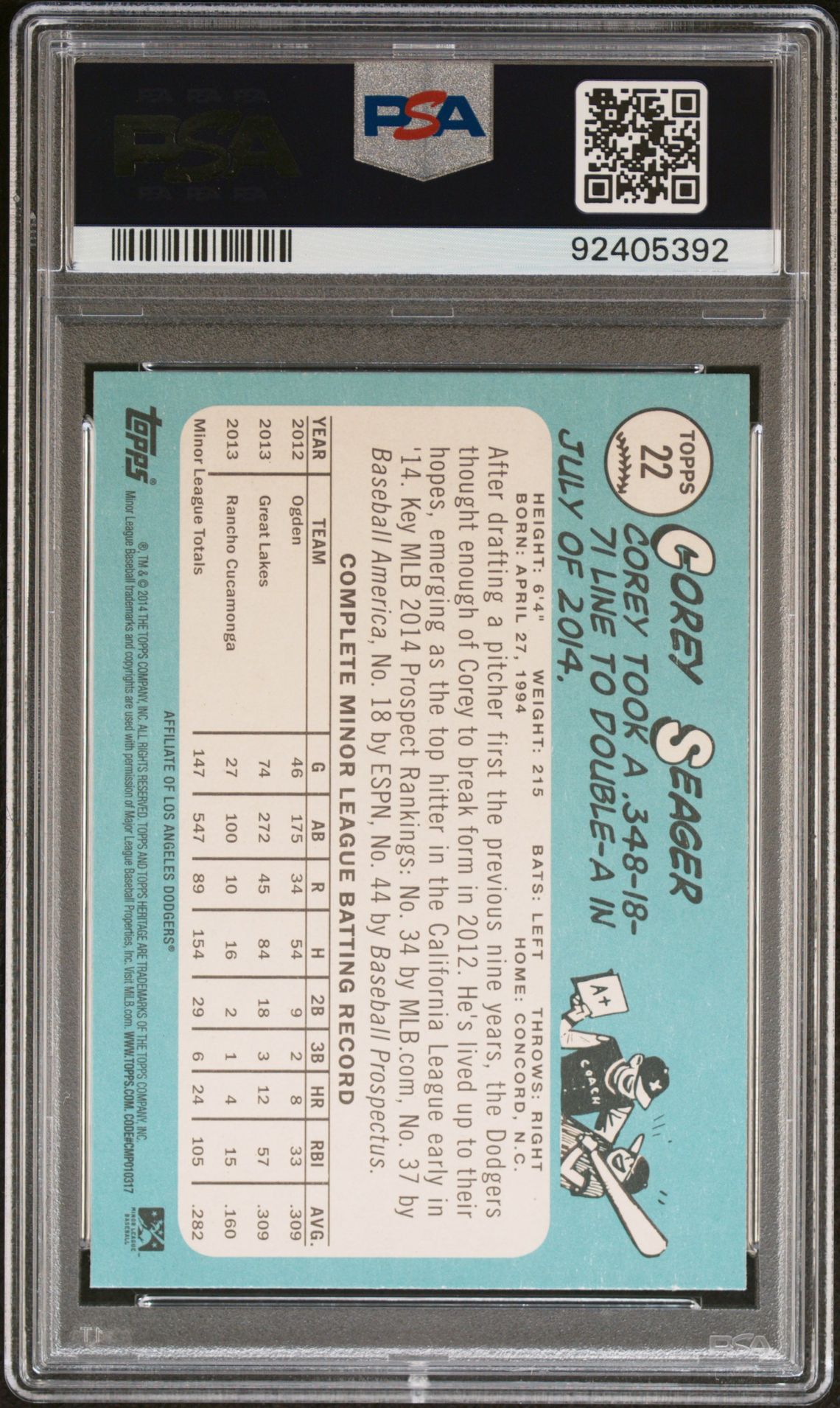 2014 Topps Heritage Minor League Corey Seager #22 (Minor League) Mint 9 back