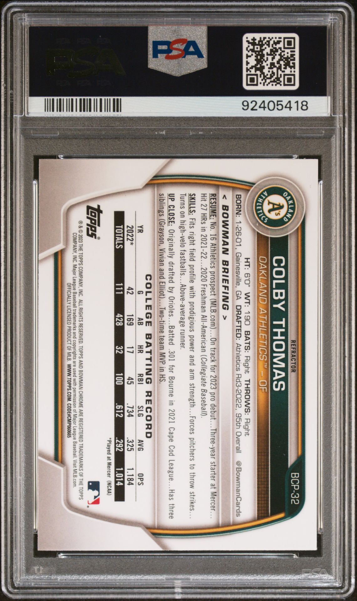 2023 Bowman Chrome Prospects Colby Thomas #Bcp32 (Chr Pros-Lunar Glow Ref) Gem Mt 10 back