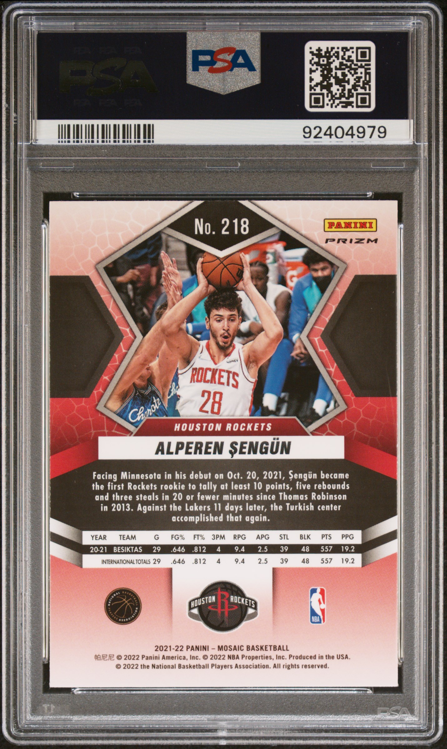 2021 Panini Mosaic Alperen Sengun #218 (Green Mosaic) Gem Mt 10 back