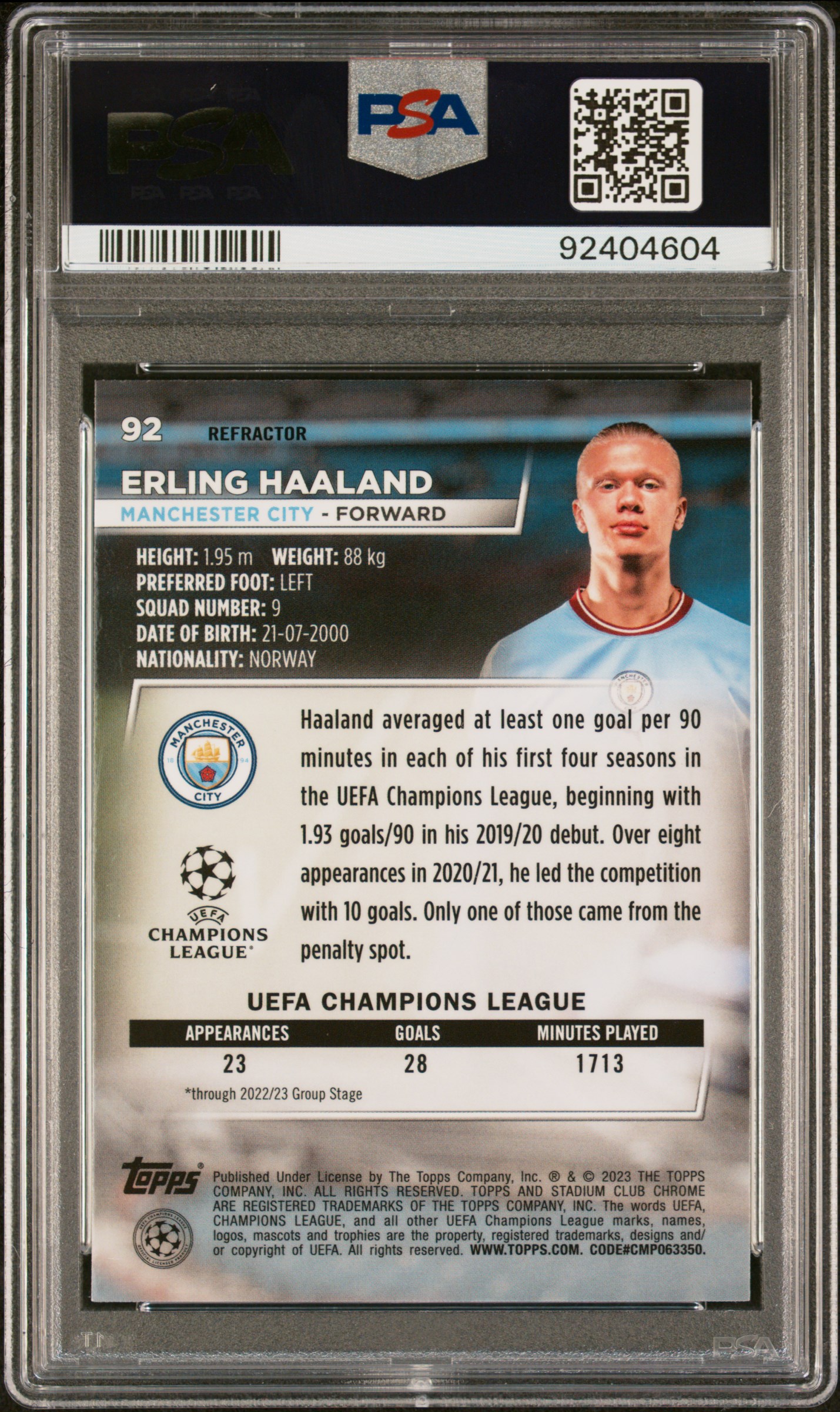 2022-23 Topps Stadium Club Chrome Uefa Club Competitions Erling Haaland #92 (Refractor) Gem Mt 10 back