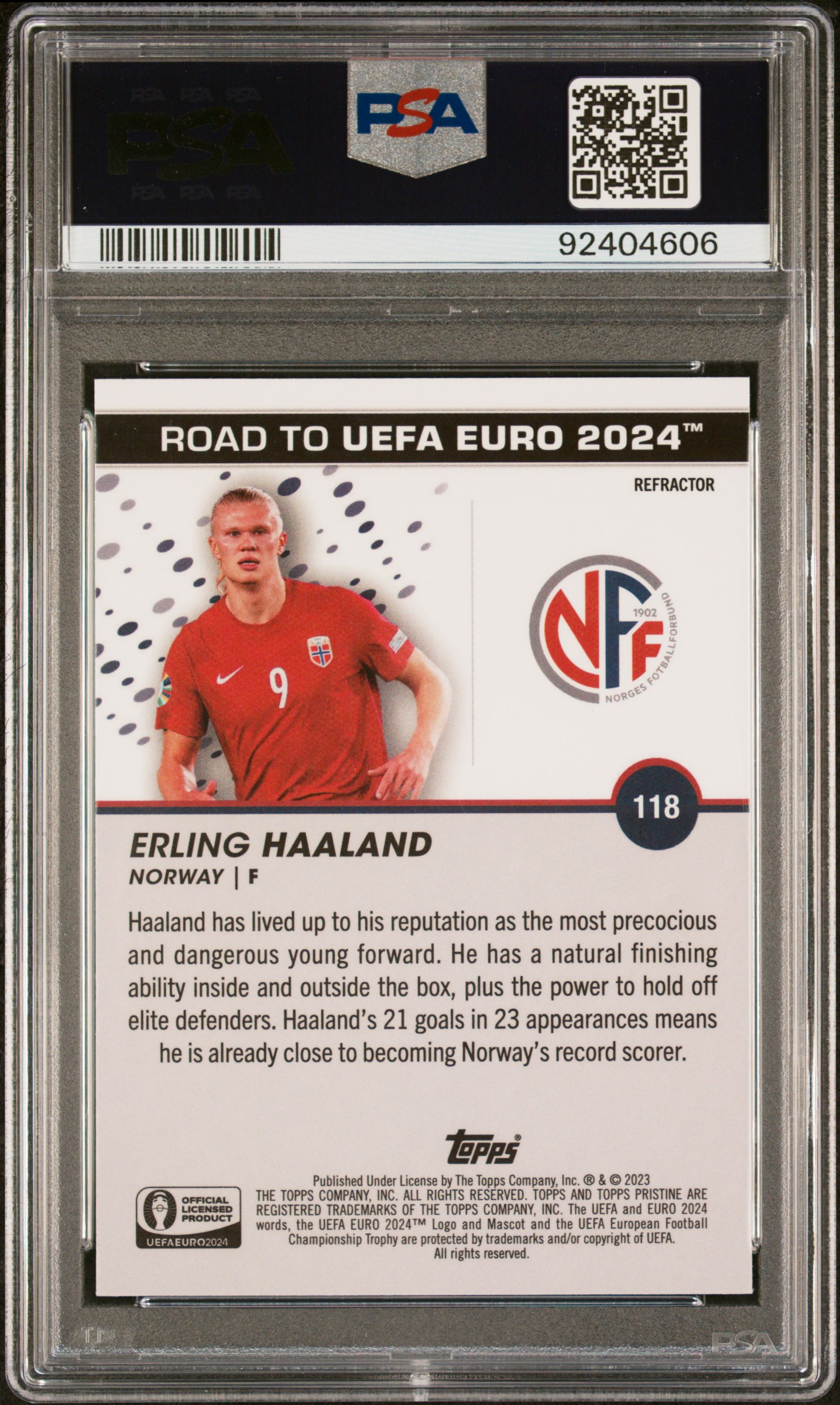 2023 Topps Pristine Road To Uefa Euro 2024 Erling Haaland #118 (Refractor) Gem Mt 10 back
