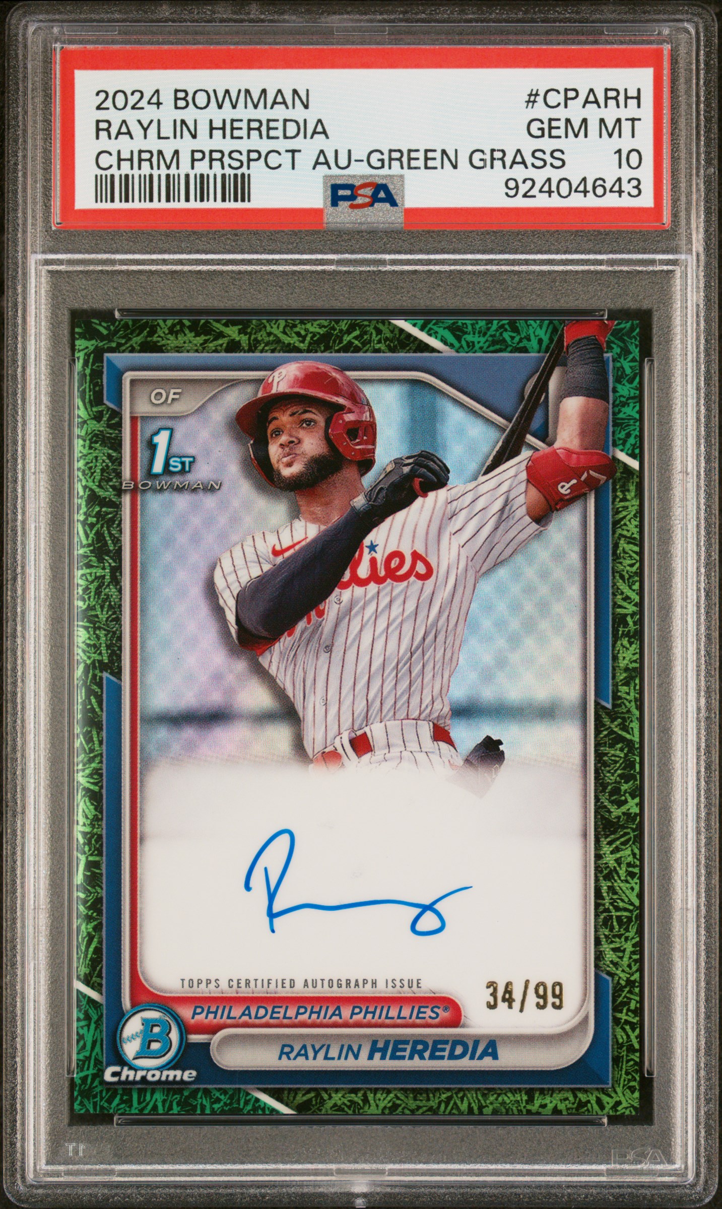 2024 Bowman Chrome Prospect Autographs Raylin Heredia #Cparh (Chr Prspct Au-Grn Grass Ref) Gem Mt 10 front