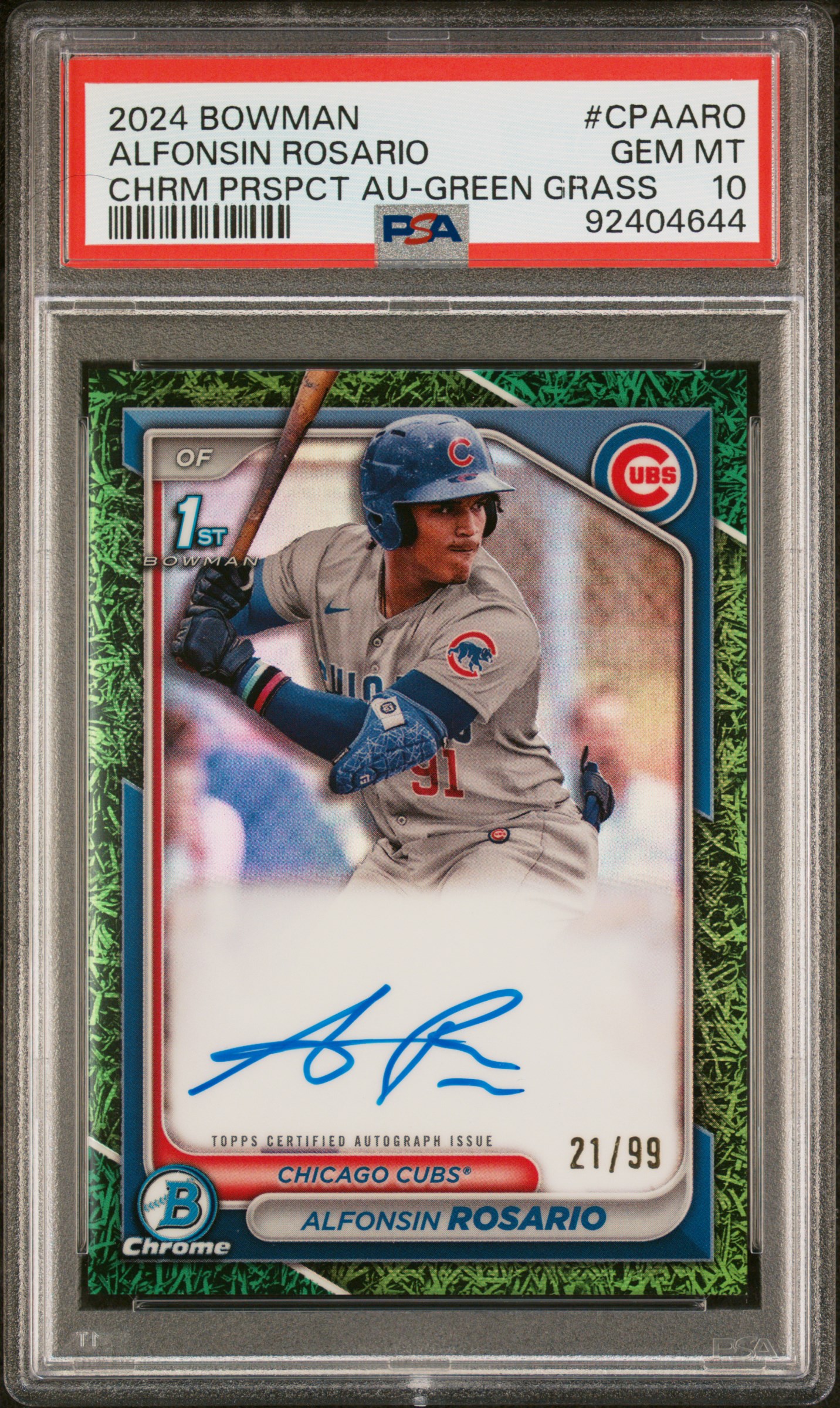 2024 Bowman Chrome Prospect Autographs Alfonsin Rosario #Cpaaro (Chr Prspct Au-Grn Grass Ref) Gem Mt 10 front