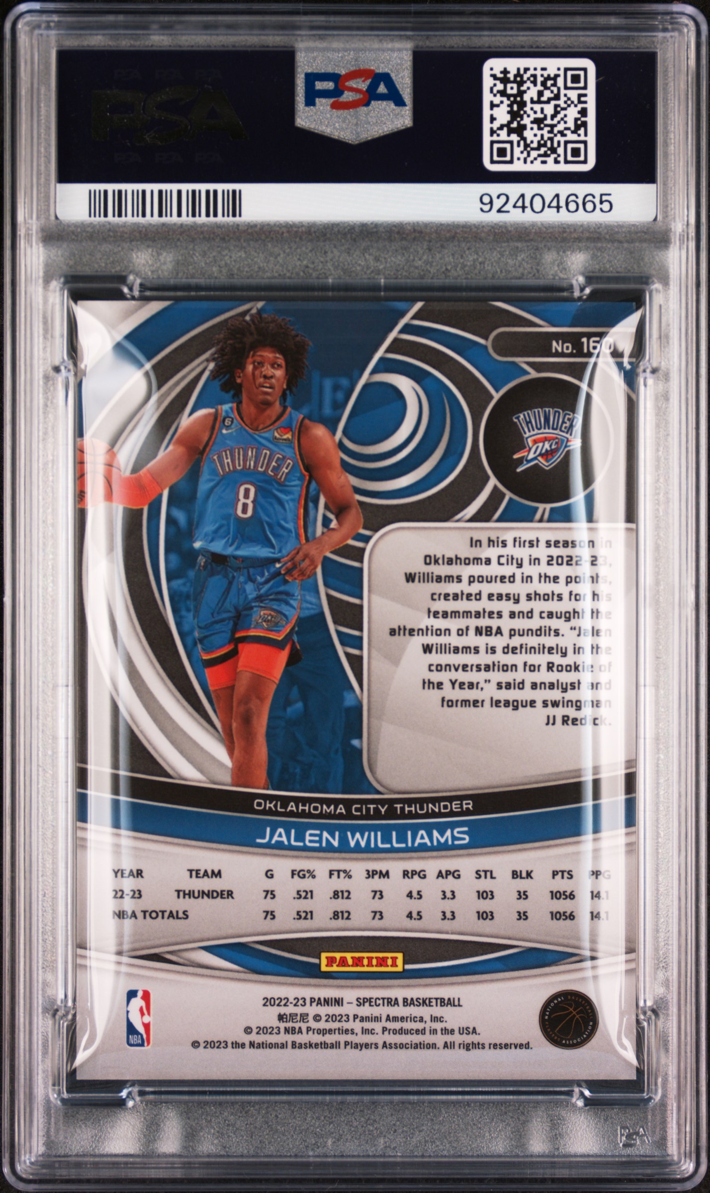 2022 Panini Spectra Jalen Williams #160 Gem Mt 10 back