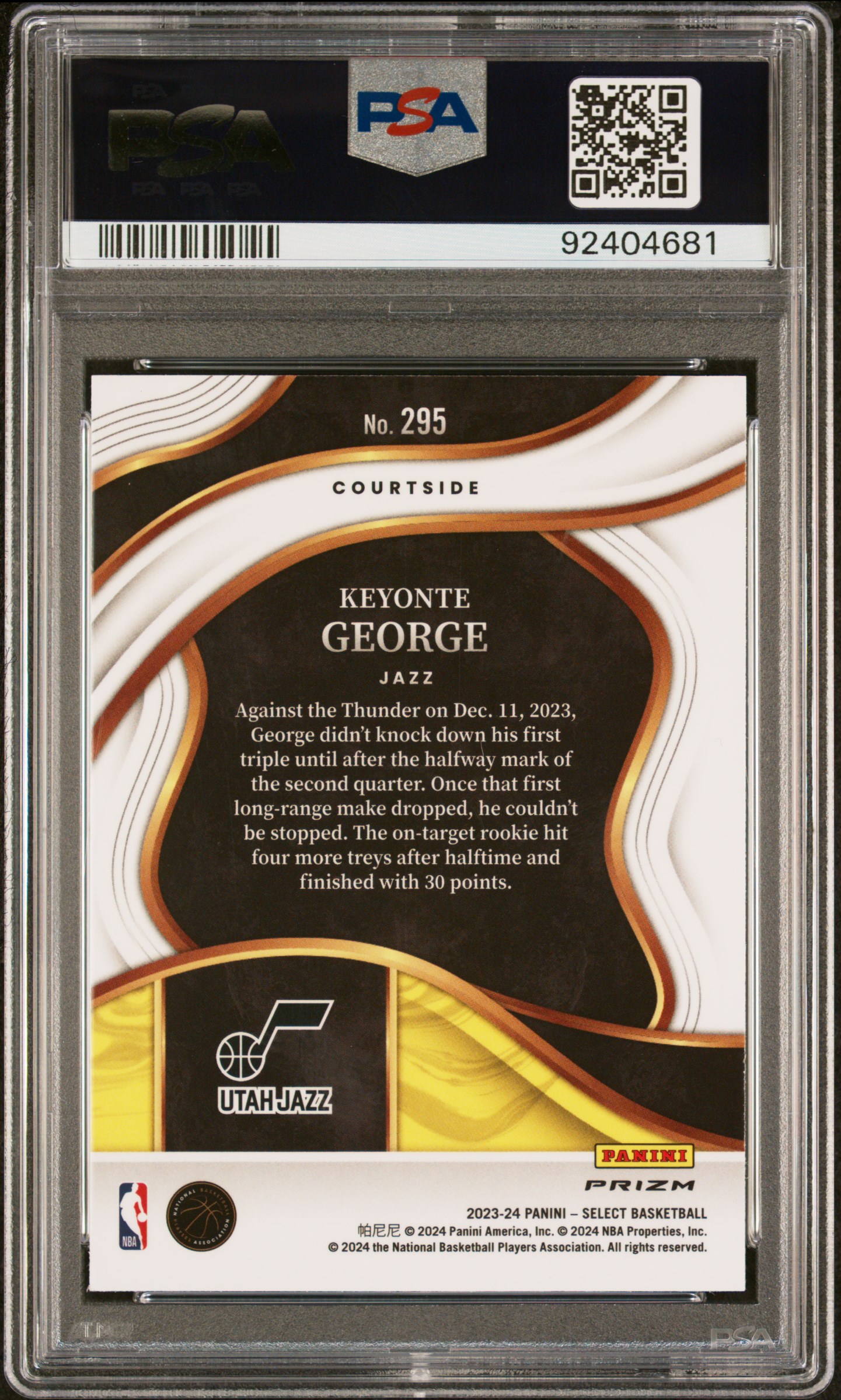 2023 Panini Select Keyonte George #295 (Orange Flash) Gem Mt 10 back